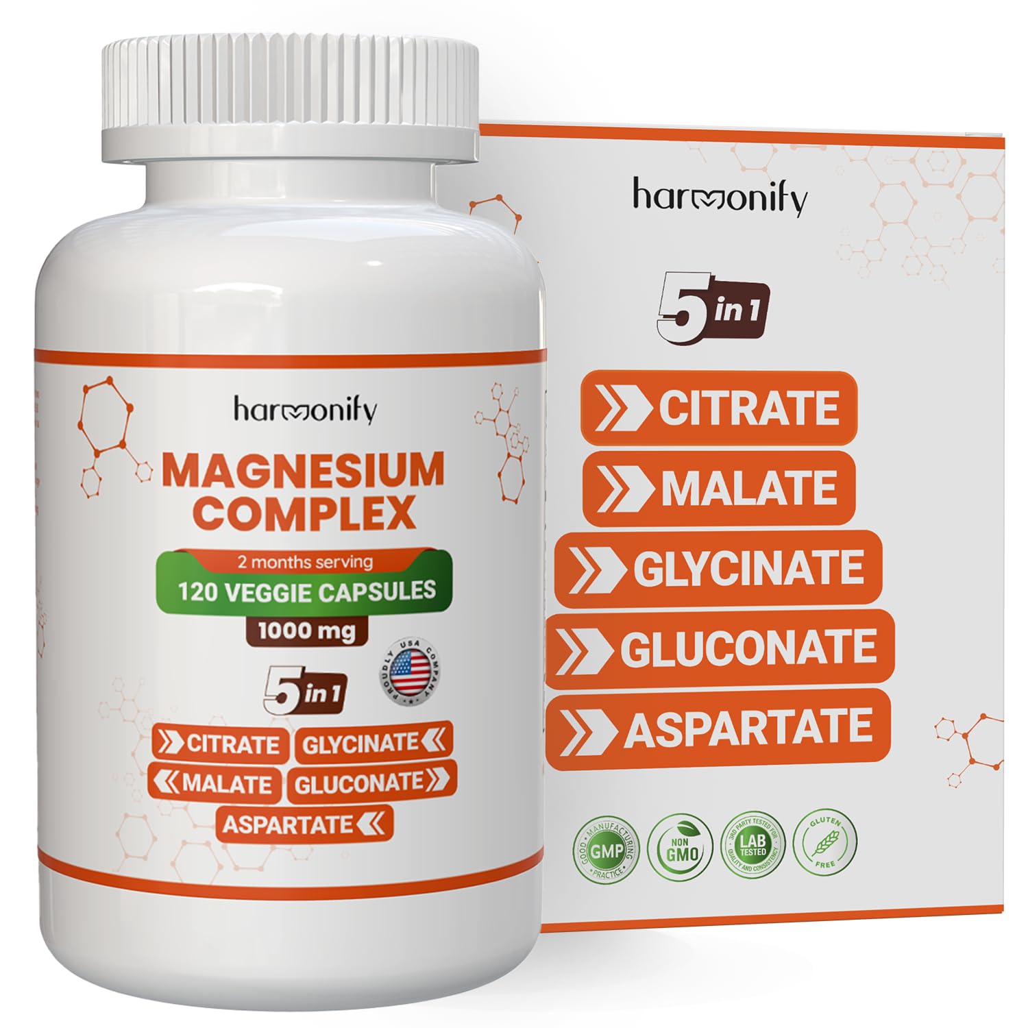 HARMONIFY Magnesium Glycinate Citrate Malate Aspartate Gluconate, 5 in 1 Formula, 120 Purified Veggie Capsule, 1000 mg, Gluten Free, Non-GMO, 60 Days Serving HARMONIFY uk supplements