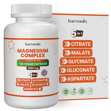 HARMONIFY Magnesium Glycinate Citrate Malate Aspartate Gluconate, 5 in 1 Formula, 120 Purified Veggie Capsule, 1000 mg, Gluten Free, Non-GMO, 60 Days Serving HARMONIFY uk supplements