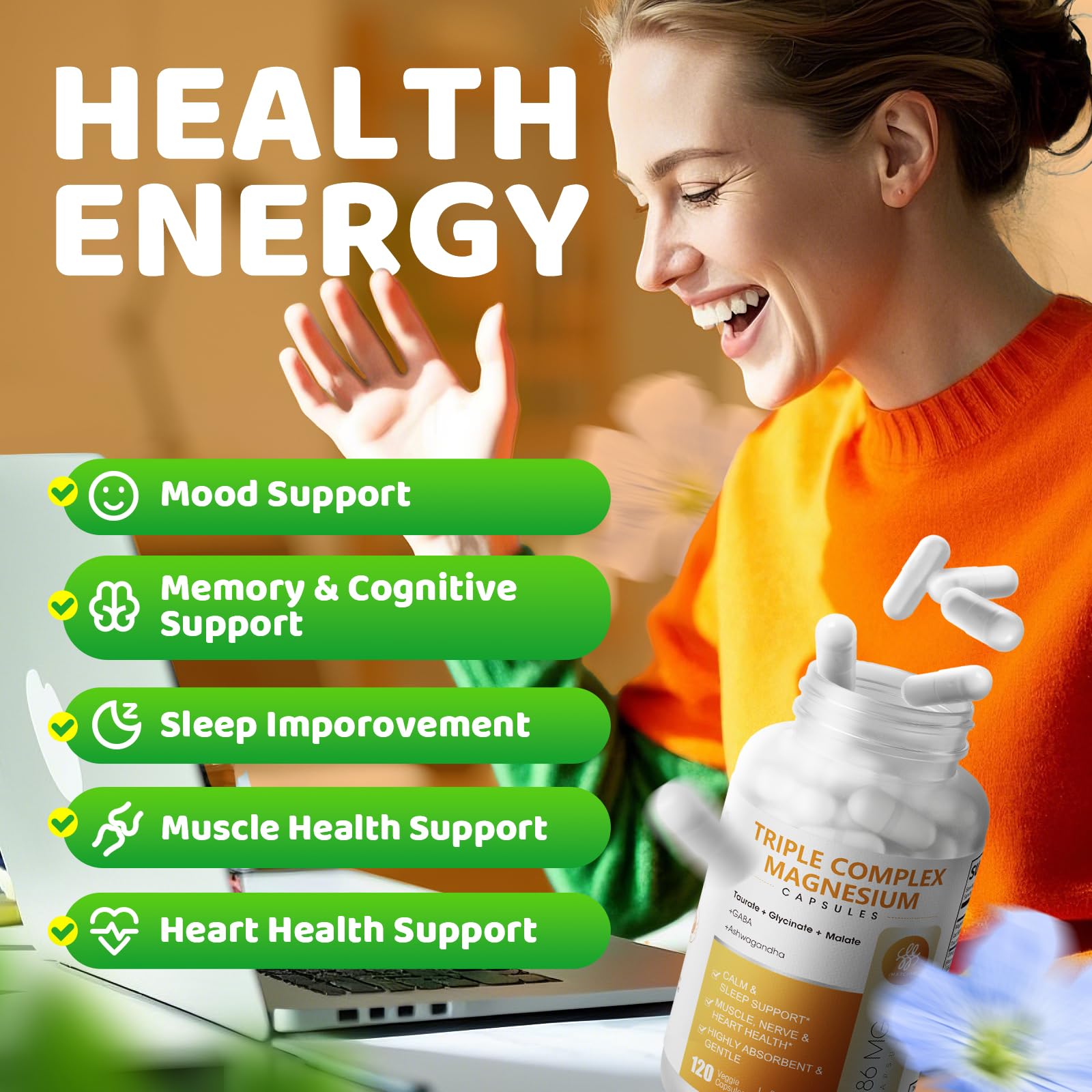 Triple Magnesium Complex - Magnesium Glycinate, Taurate & Malate Supplement with Omega3, Ashwagandha, GABA for Sleep, Brain Heart & Muscle Support - High Absorption and Gentle, Vegan, 120 Capsules iMATCHME uk supplements