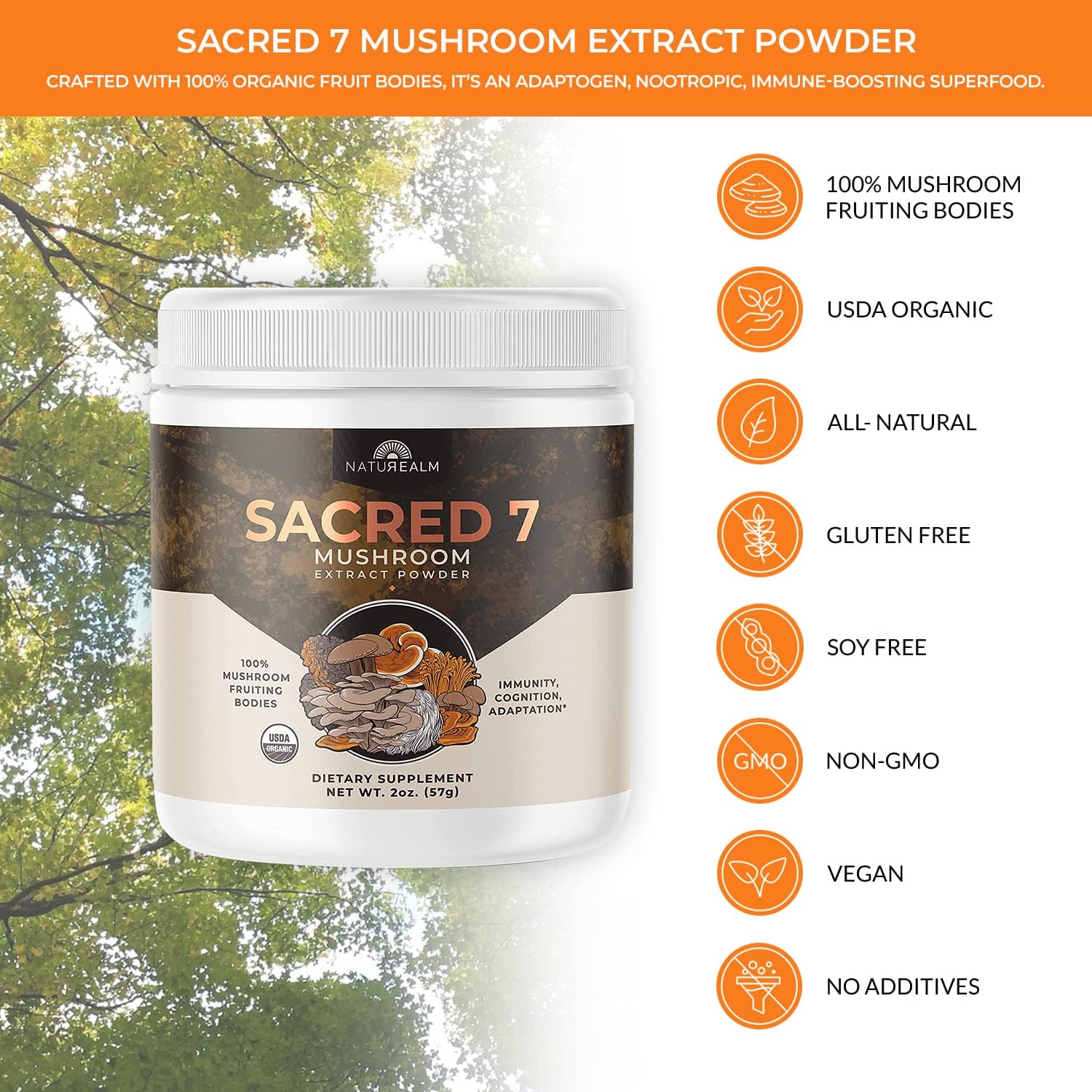 Naturealm Sacred 7 Mushroom Extract Powder - USDA Organic - Lion's Mane, Reishi Naturealm uk supplements
