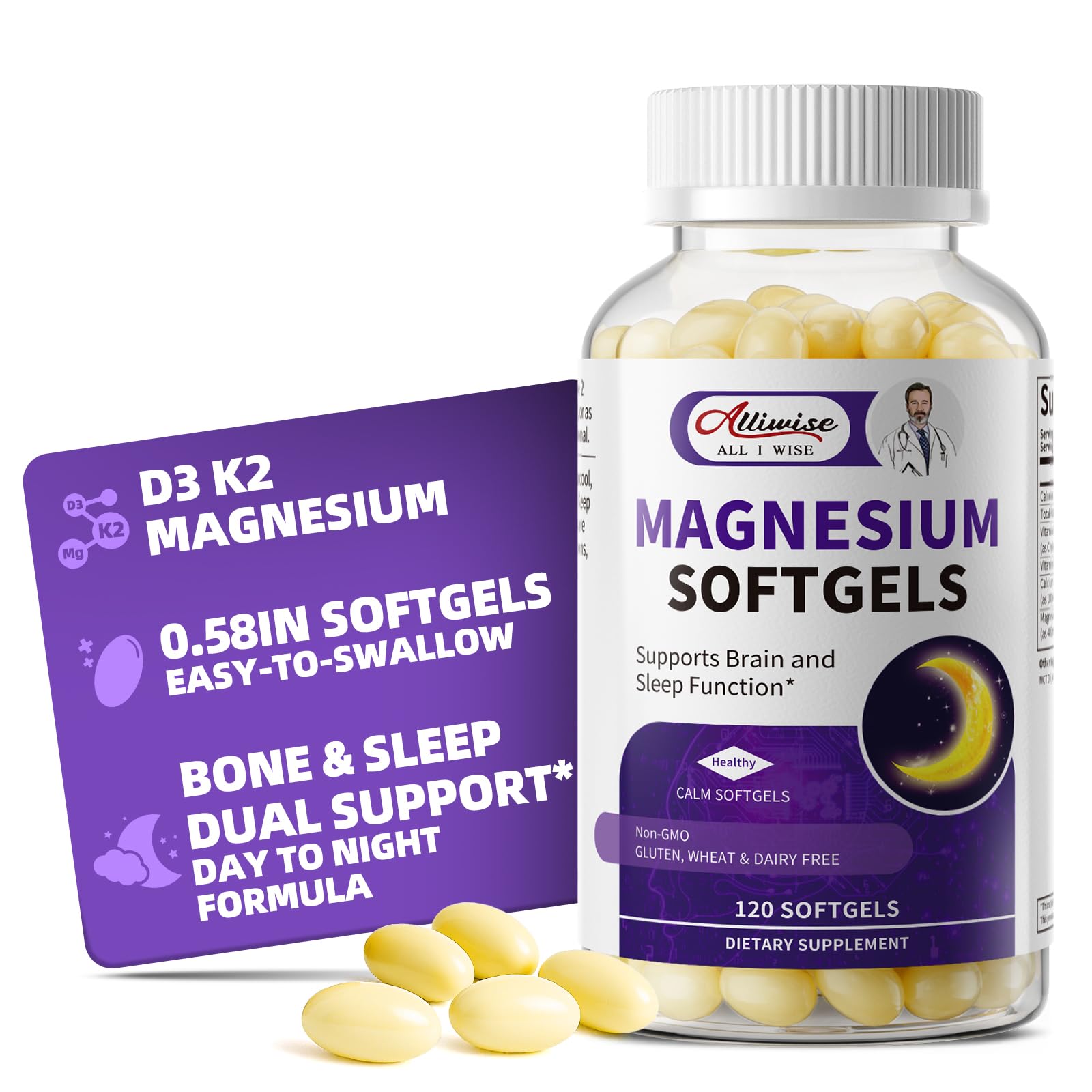 Magnesium Glycinate 400mg Softgels, Small Easy to Swallow High Absorption Magnesium Supplement, with Vitamin D3 & K2 for Sleep Relax Calm Muscle Bone* Health, 120 Gelcaps Alliwise uk supplements