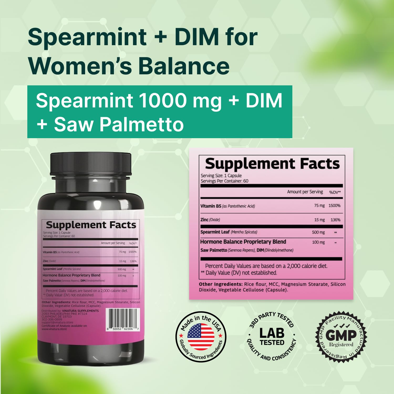 VINATURA Spearmint Leaf Capsules Supplement - Enhanced with DIM & Saw Palmetto, for Unwanted Hair, Women' Health & Skin *USA Made & Tested* - 1380mg/serving, 60 Capsules (30 Servings) VINATURA uk supplements