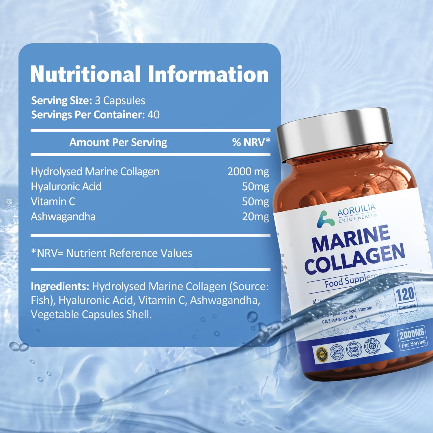 Marine Collagen Supplements for Women Men 2000mg 120 Capsules Hyaluronic Acid, Vitamin C, Vitamin E, & Ashwagandha Aoruilia uk supplements