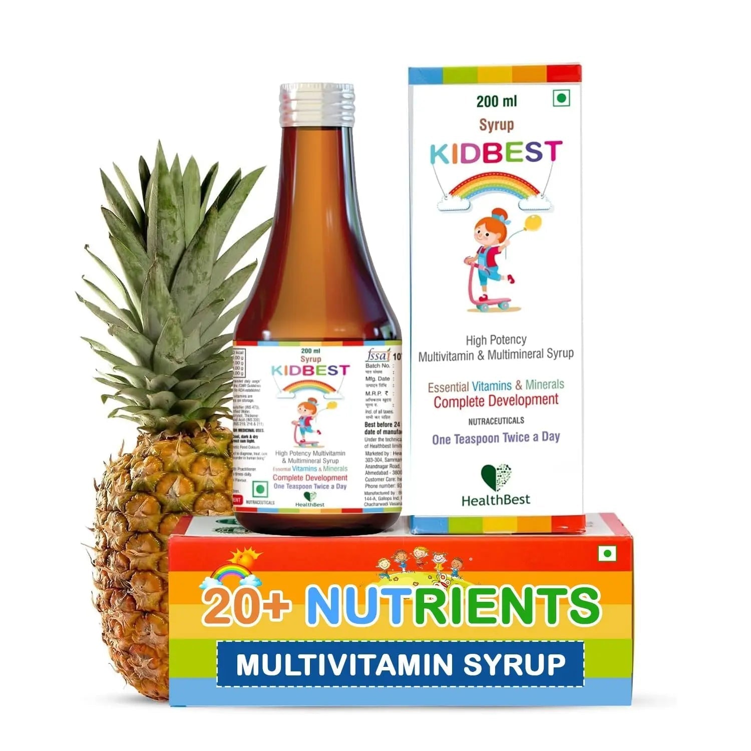Kidbest Multivitamin Syrup for Kids 3-13 Years – Liquid Formula with 20 Nutrients for Appetite, Immunity, and Growth – Tasty Daily Vitamins HealthBest uk supplements