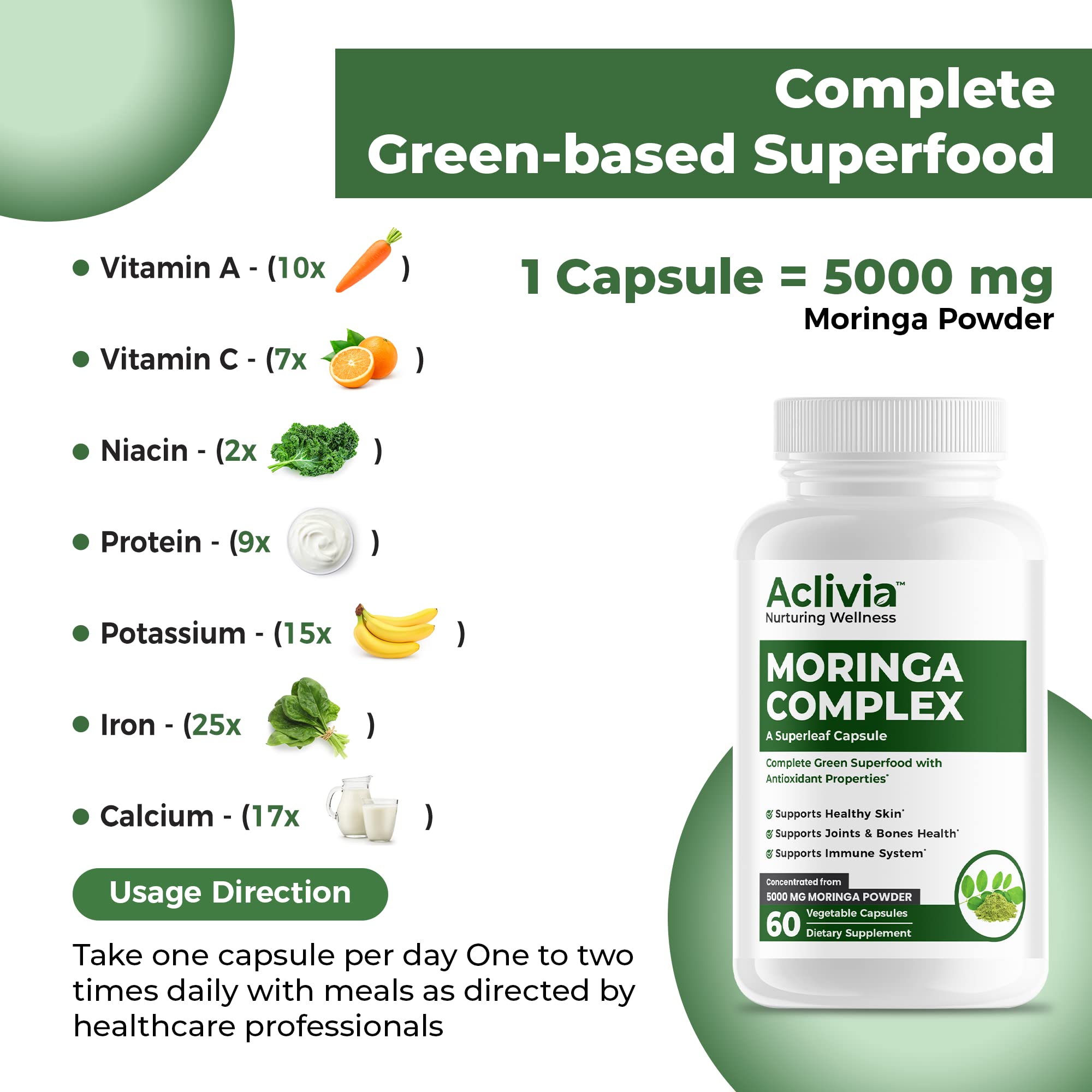 Aclivia - Moringa Complex - Maximum Strength Moringa Oleifera Leaf & Seed Supplement - Superfood Capsules with Antioxidant Properties - 5000mg - 60 Capsules Aclivia uk supplements
