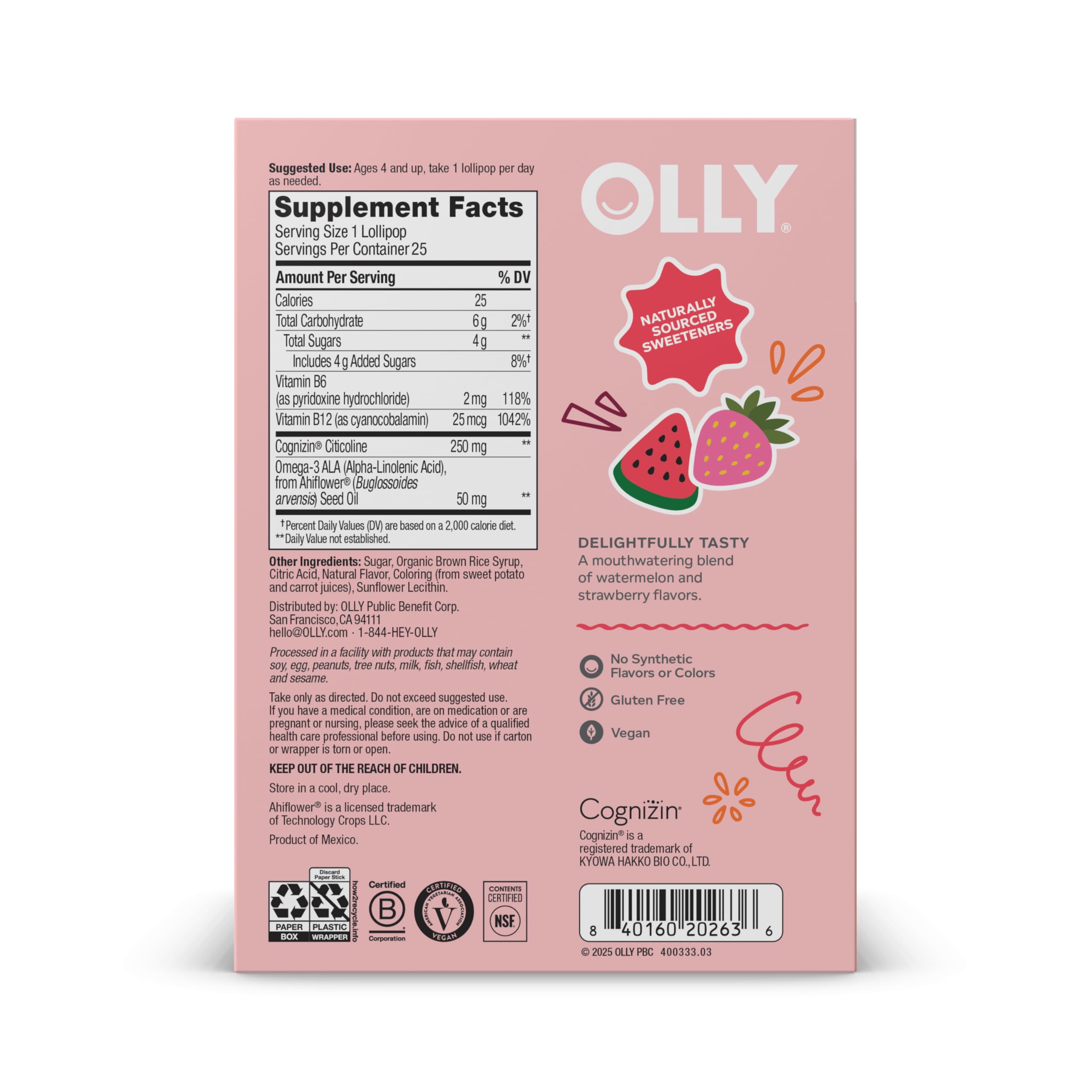 OLLY Focus Buddies L’OLLY Pops, Cognizin, Vitamins B6 and B12, Omega-3 ALA, Supports Focused Attention and Healthy Brain Function,* Kids 4+ Dietary Supplement, Watermelon Strawberry Flavored, 25 Count OLLY uk supplements