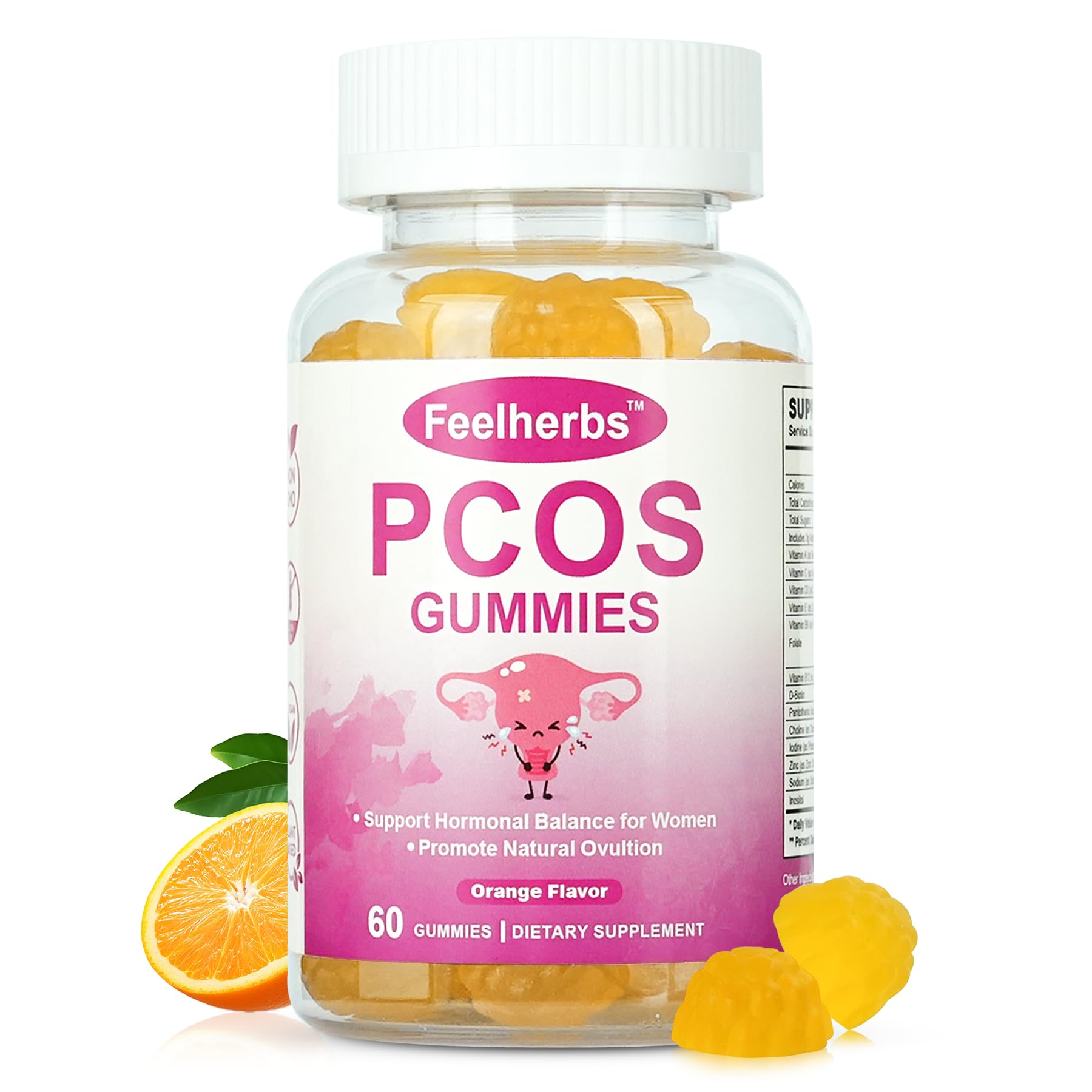 PCOS Gummies for Women Menstrual Cycle & Hormonal Balance, 60 Count Ovarian Support Gummies with Myo-Inositol, Folate and Vitamins, Orange Flavor PCOS Vitamins Gummies Helps Fertility and Ovulation Feelherbs uk supplements