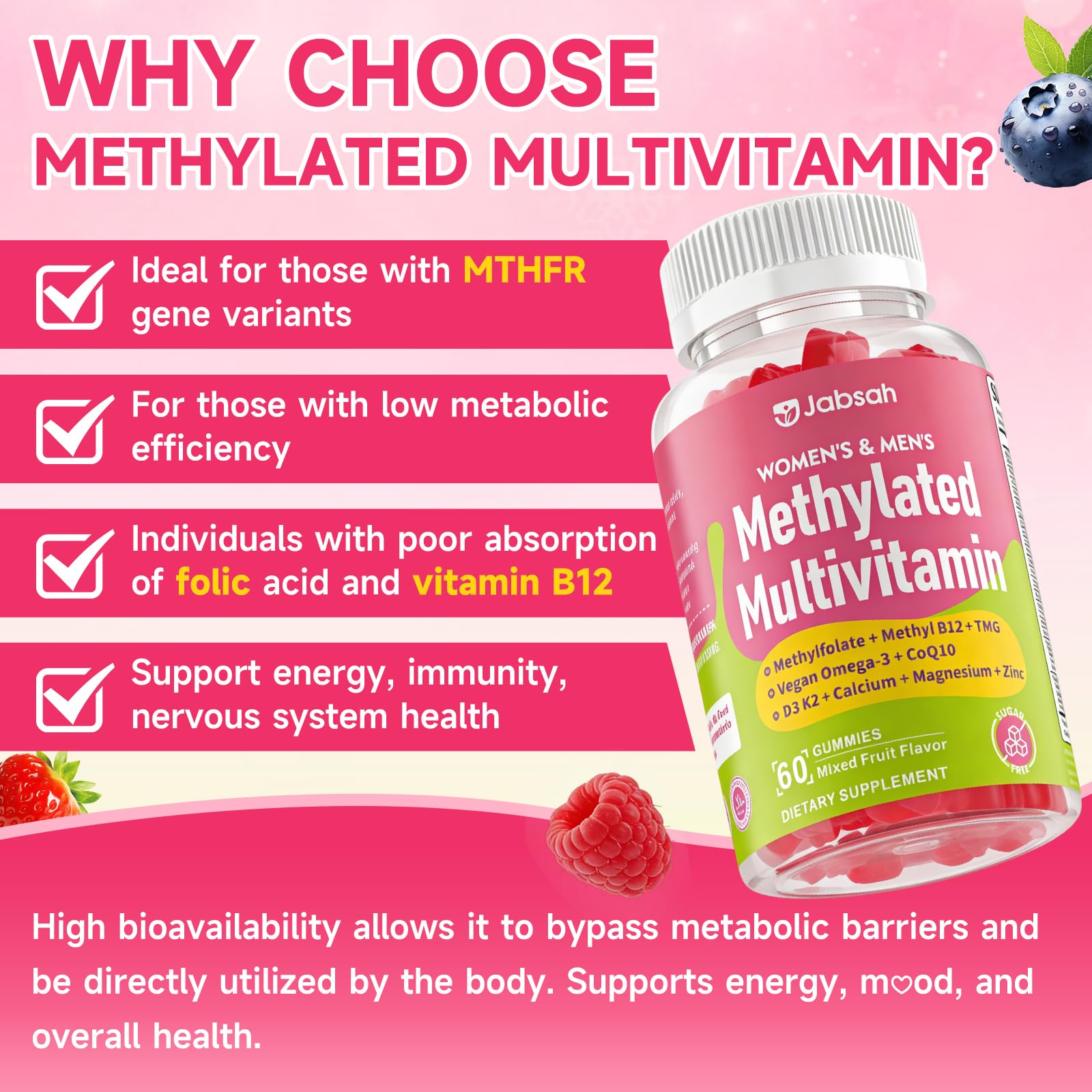 Methylated Vitamin B Complex Gummies for Women & Men, Multivitanins Gummy with Vitamin A, C ,E, Methylfolate & B12, TMG, Calcium, D3 K2 Jabsah uk supplements