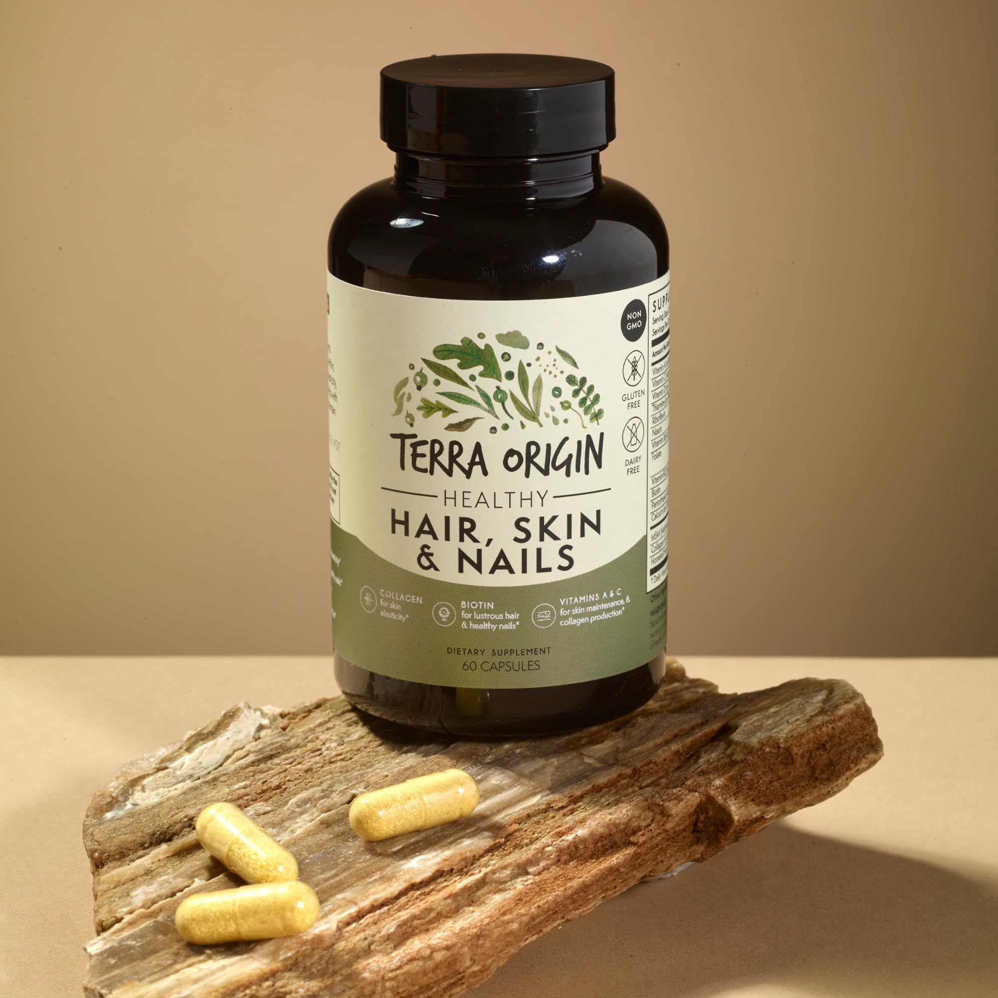 TERRA ORIGIN Healthy Hair, Skin and Nails Supplement | Collagen, Biotin, Horsetail & B-Complex | Supports Hair Strength, Skin Elasticity & Nail Growth | Vitamins for Women and Men | 60 Capsules TERRA ORIGIN uk supplements