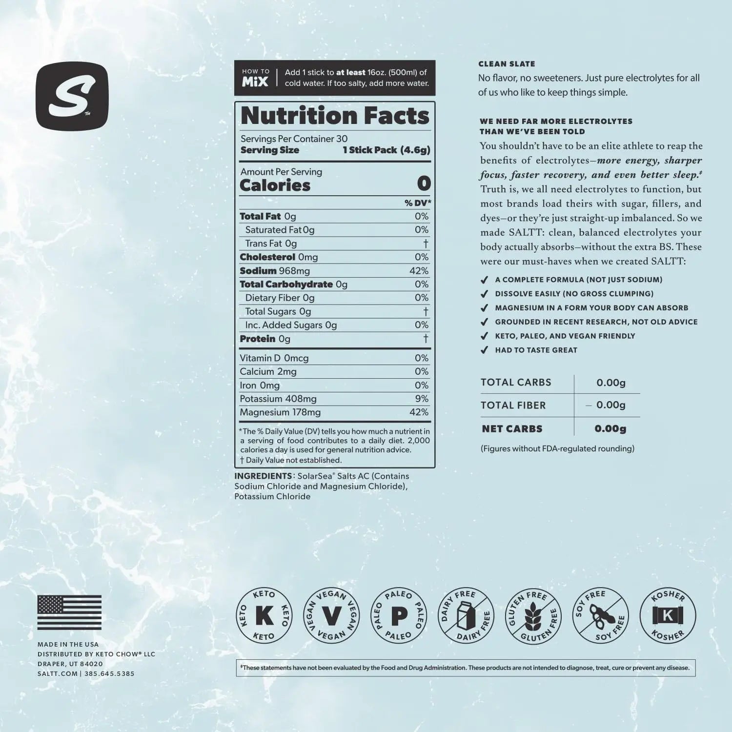 SALTT Electrolytes Powder Unflavored Drink Mix - Clean Slate - 30 Hydration Packets - Magnesium, Potassium, Sodium, Trace Minerals - Zero Sugar Keto Chow uk supplements