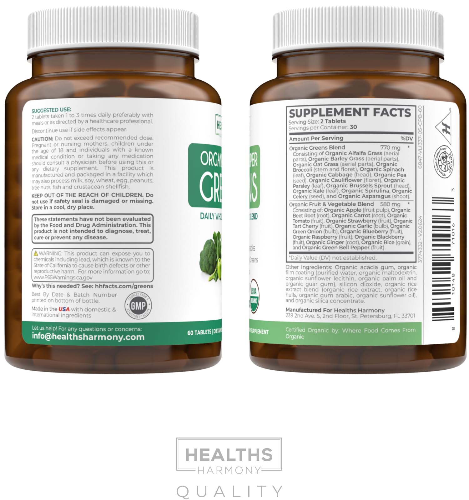 USDA Organic Super Greens Supplement - Organic Greens Fruits and Vegetable Supplement for Adults with 28 Superfood Complex with Superfruits Roots Herbs & More - Vegan & Non-GMO (Up to 1 Month Supply) Healths Harmony uk supplements