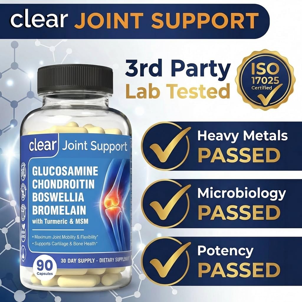 Clear Joint Support - 1500mg Glucosamine Chondroitin MSM - 8 in 1 Joint Health Supplement with Turmeric and Boswellia for Men & Women, Knee, Hip & Back Support, Made in USA, 90 Capsules Clear Probiotics uk supplements