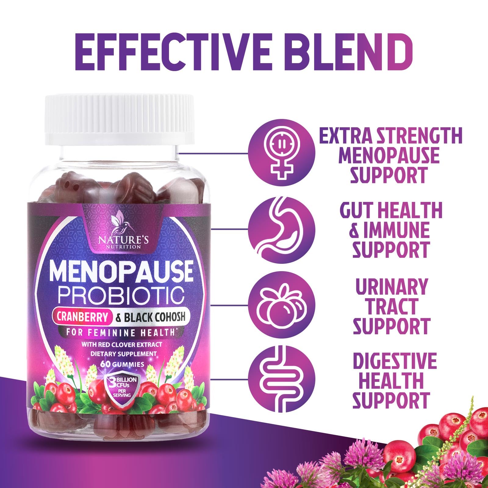 Menopause Supplement Gummies - 3 Billion CFU Women's Probiotics - Advanced Menopause Relief Formula for Women with Black Cohosh & Red Clover - Mild Hot Flashes & Night Sweats Support - 60 Gummies Nature's Nutrition uk supplements
