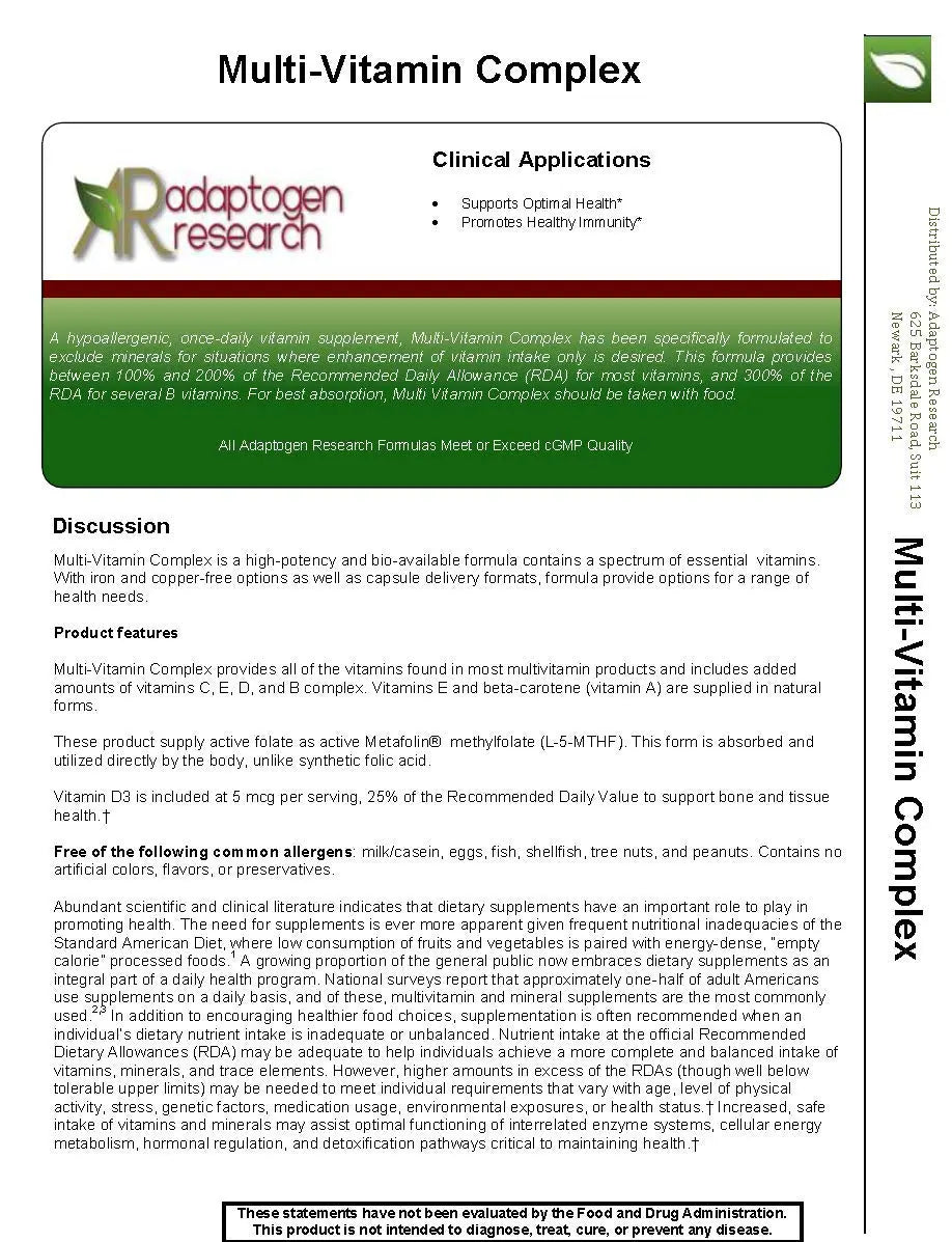 Multi-Vitamin Complex | Once Daily Multivitamin Supplement with Folate as Metafolin L-5-MTHF B12 as Methylcobalamin Vitamin A C D3 and more Adaptogen Research uk supplements