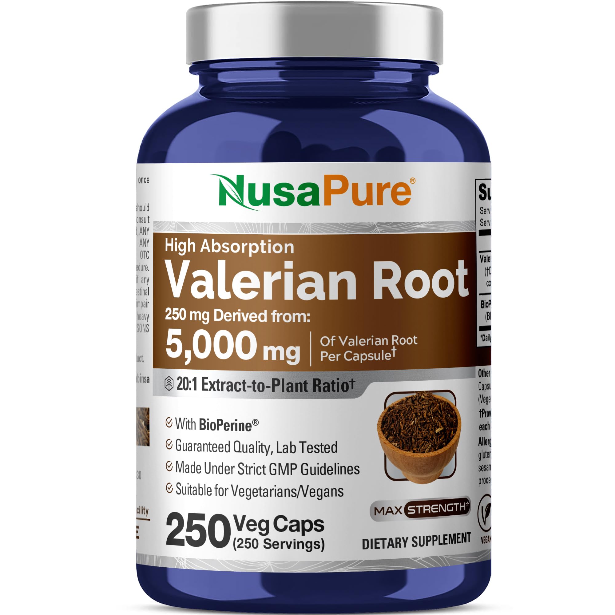 NusaPure Valerian Root 20:1 Extract, 250 mg Equivalent to 5000mg Per Veggie Caps, 250 Count, Vegan, Non-GMO, Bioperine NusaPure uk supplements