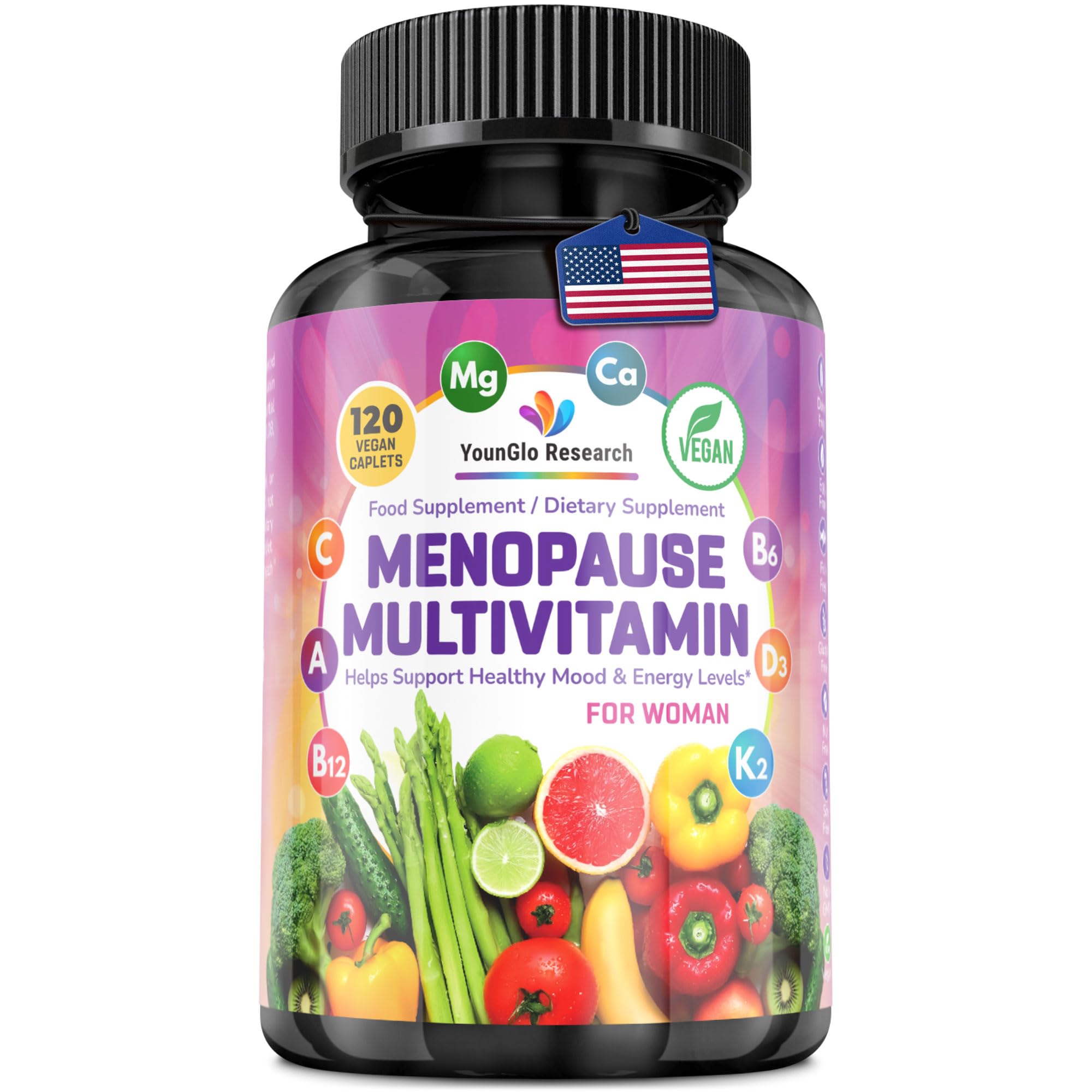 YounGlo Research Menopause Supplement - 120 Vegan Caplets - Menopause & Perimenopause Relief Support - Food and Dietary Vitamins - Multivitamin for Women YounGlo Research uk supplements