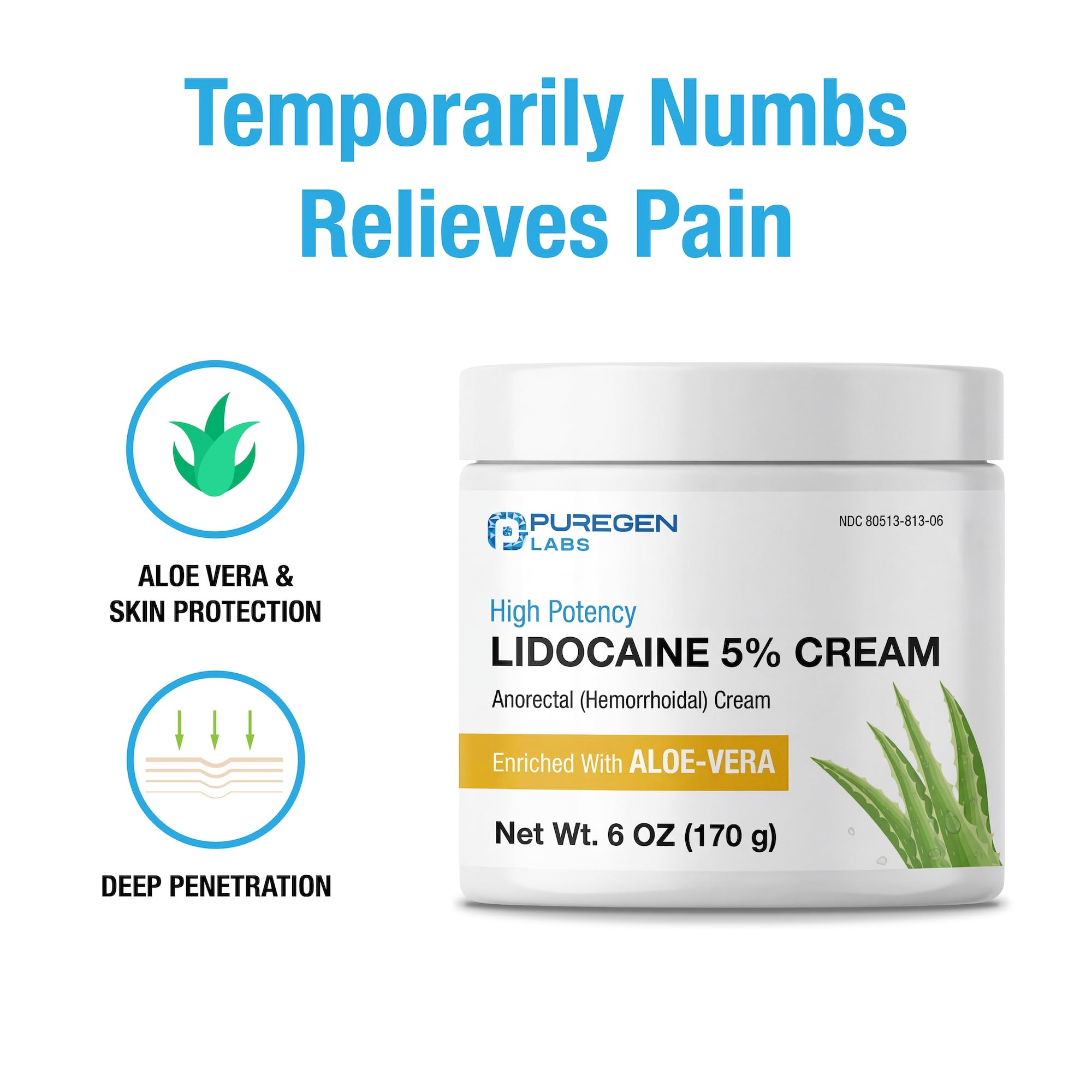 Puregen Labs Lidocaine 5% Anorectal (hemorrhoidal) Cream Maximum Strength | Enriched with Aloe-Vera | 6 Oz P Puregen Labs uk supplements