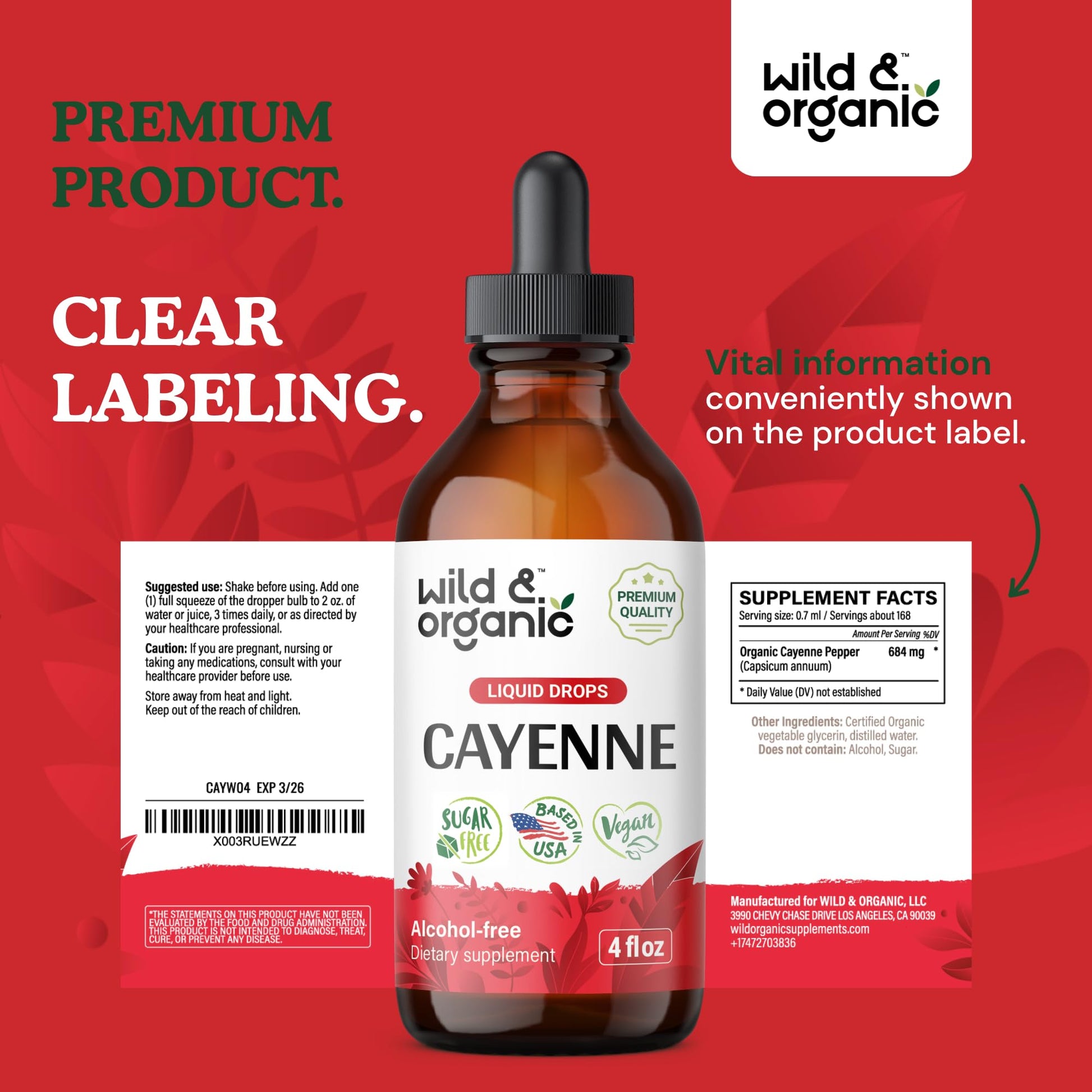 Wild & Organic Cayenne Pepper Tincture - Digestive Support with Capsaicin Extract - Cayenne Pepper Liquid Drops for Overall Well-Being - Unflavored, Vegan, Sugar & Alcohol-Free - 4 fl oz Wild & Organic uk supplements