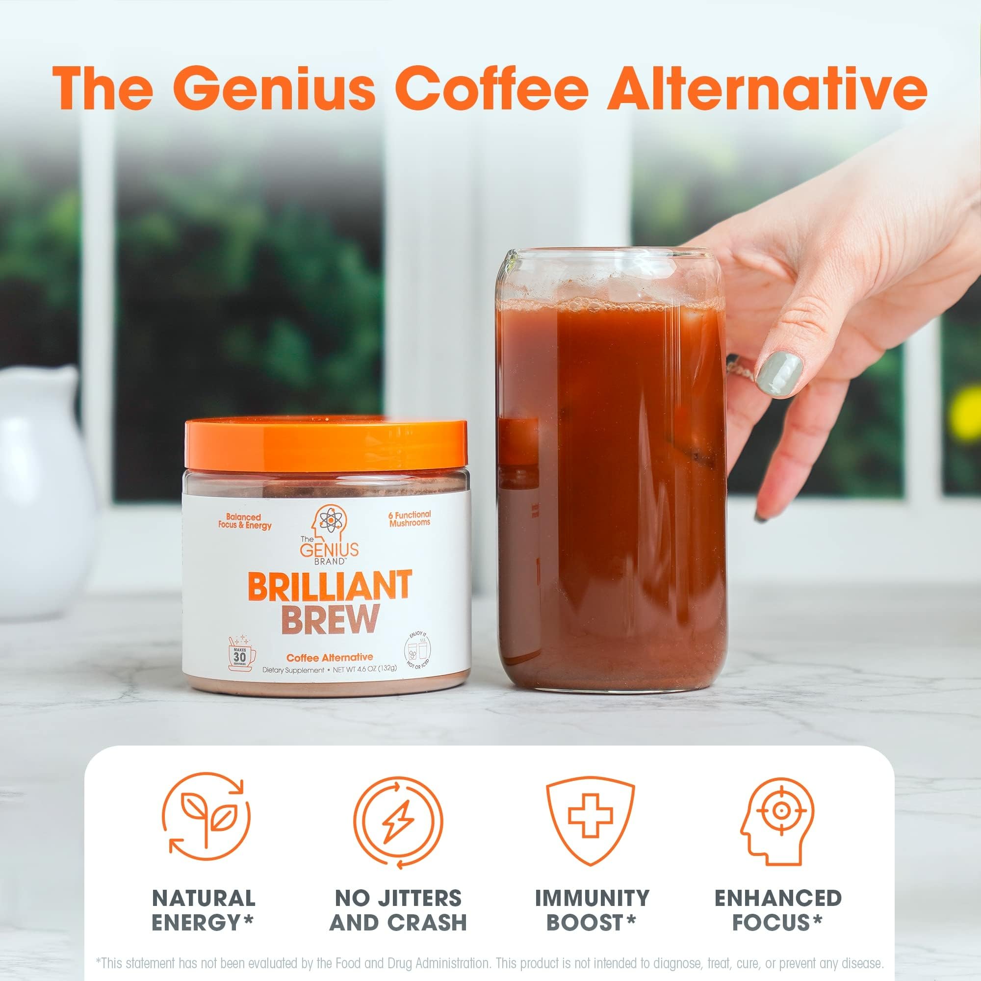 The Genius Brand Genius Brilliant Brew - Natural Coffee Substitute for Clear Thinking, Energy & Immune Support - No Crash or Jitters - Powered by Nootropics - Non-GMO - 30 Servings - Sweet Cocoa The Genius Brand uk supplements