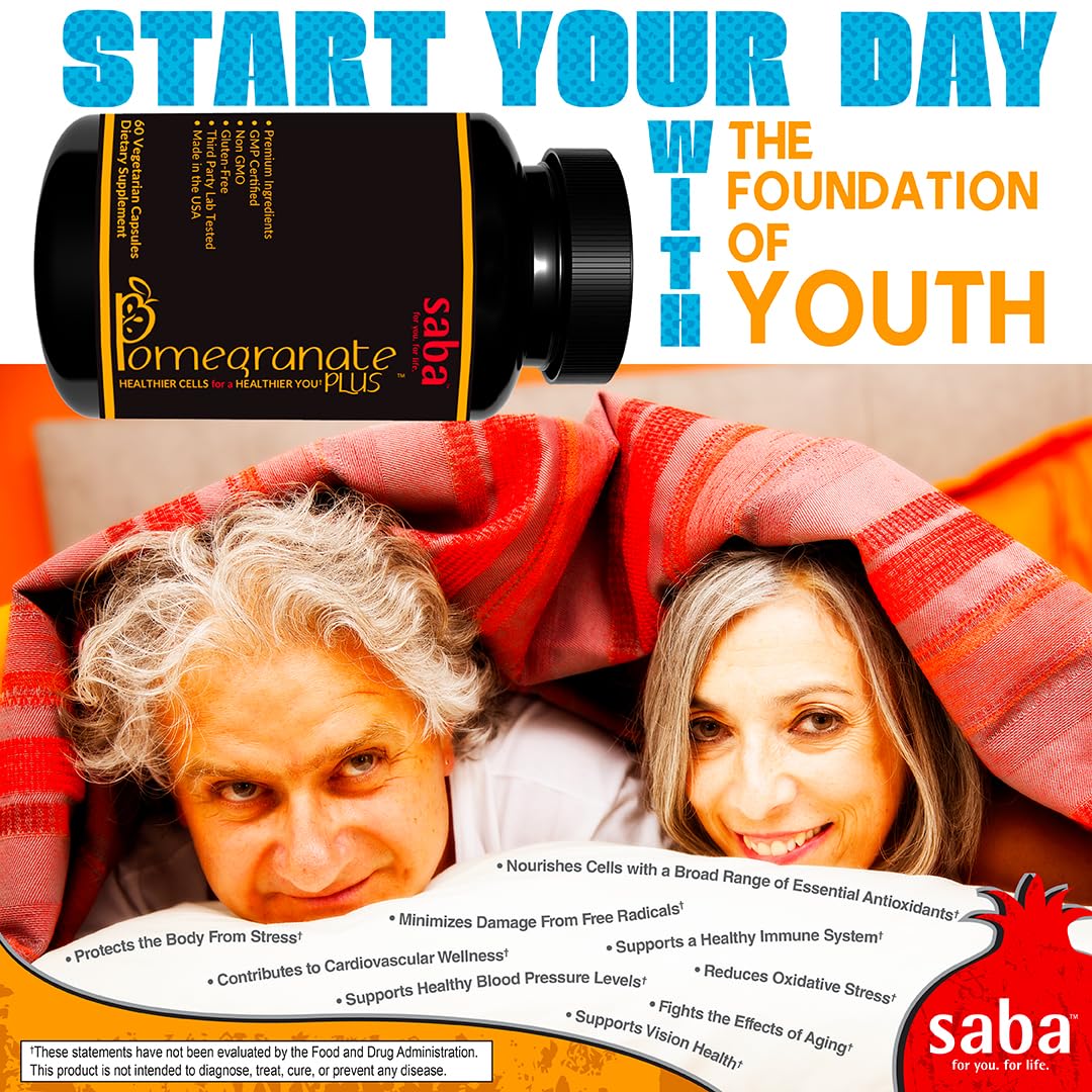 Saba Pomegranate Plus – Antioxidant Supplement with Astaxanthin & Adaptogens | Immune, Skin, Heart & Brain Support | Daily Stress & Cellular Wellness | 60 Capsules Saba uk supplements