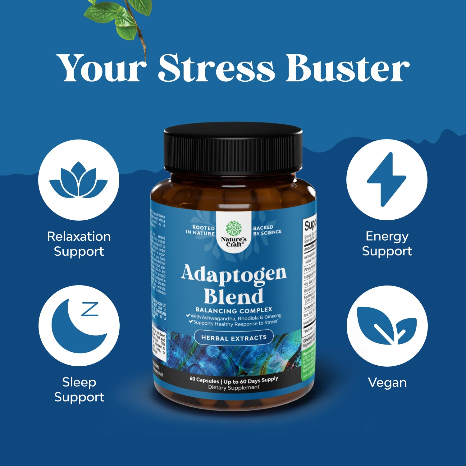 Herbal Adaptogen Mood Support Supplement - Calming Adaptogens Supplement for Stress & Cortisol Management with Ashwagandha Rhodiola Rosea & Maca Root - Vegan & Daytime Friendly - 60 Count Natures Craft uk supplements