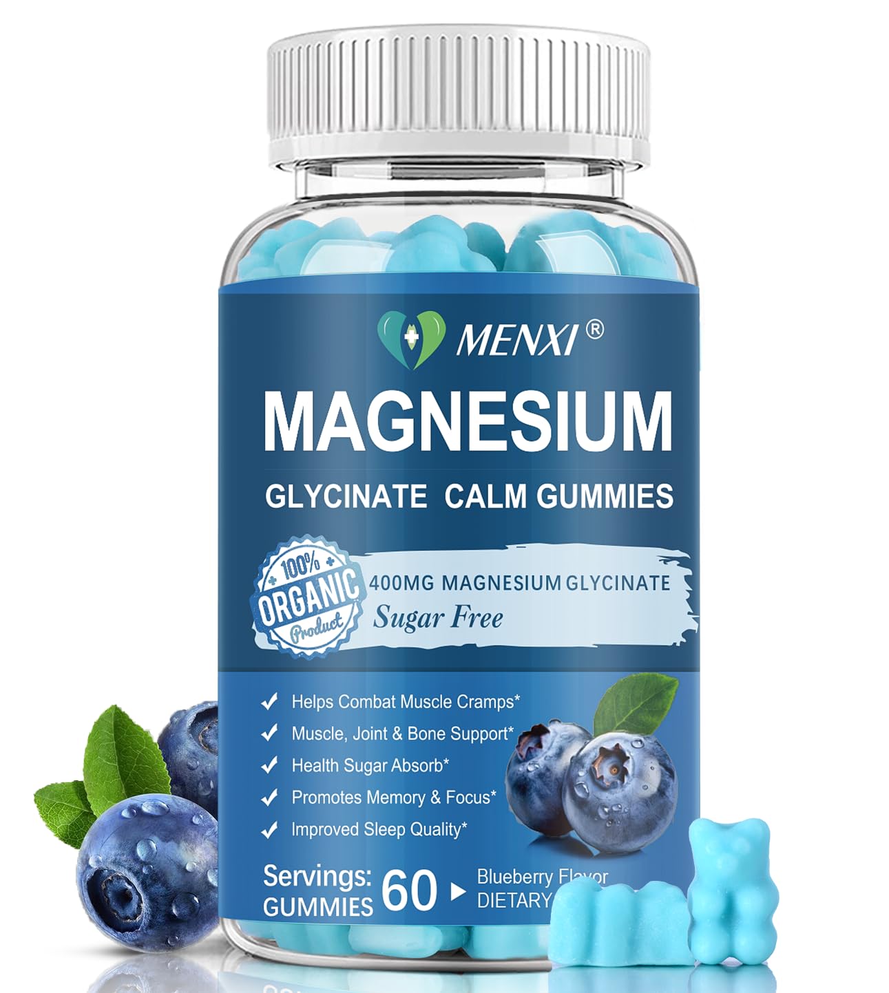Magnesium Gummies 600mg per Serving-Magnesium Glycinate 400mg and Magnesium Malate 200mg,Sugar Free Magnesium Potassium Supplement for Calm Mood, Muscle, Bone & Sleep Support,60 Blueberry Gummies MENXI uk supplements