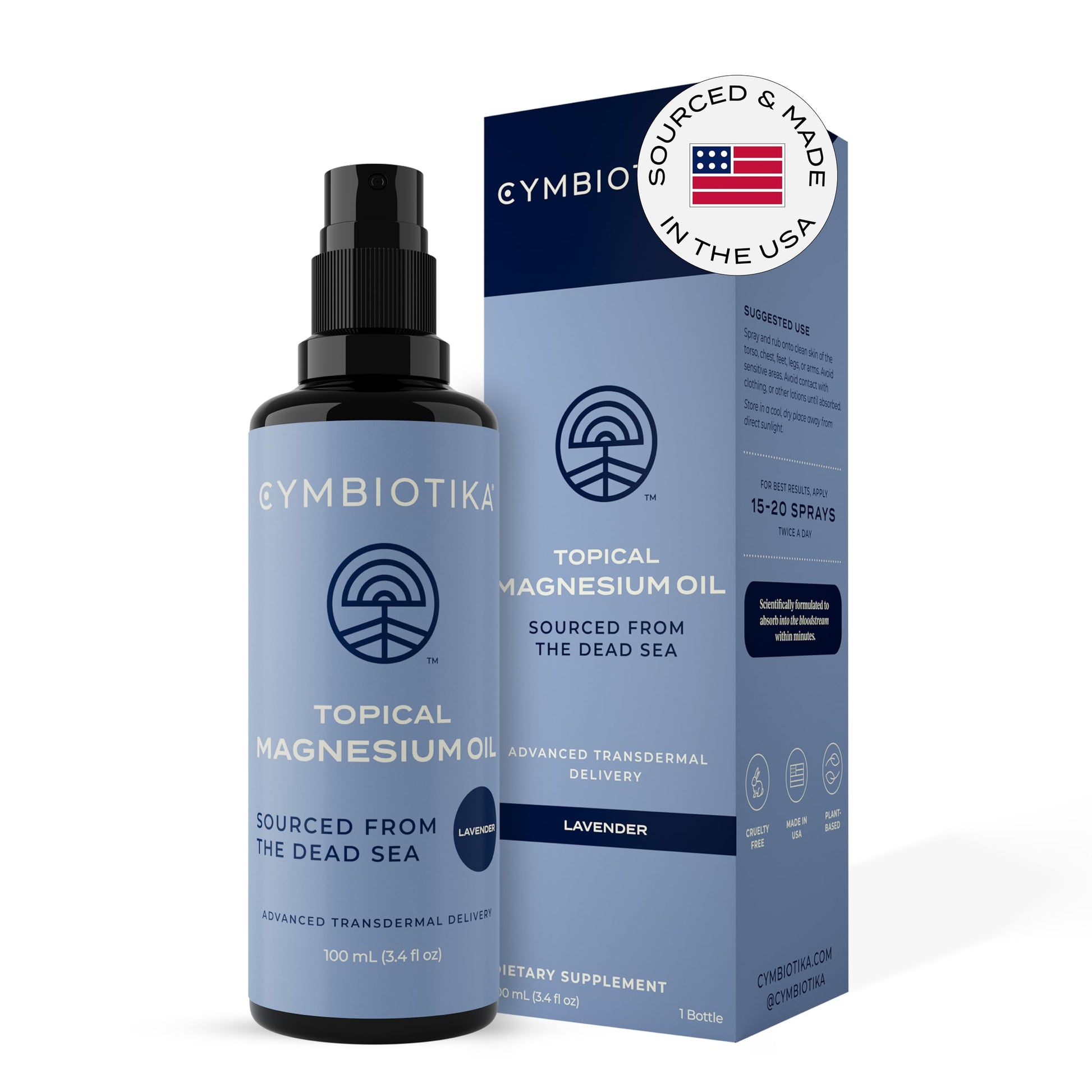 CYMBIOTIKA Topical Magnesium Oil Spray for Body, USA Made, Supplement for Leg Cramps, Muscle, Joint Health & Sleep Support, Includes Magnesium Chloride, Lavender Extract, Aloe Vera - Skin Applicator CYMBIOTIKA uk supplements
