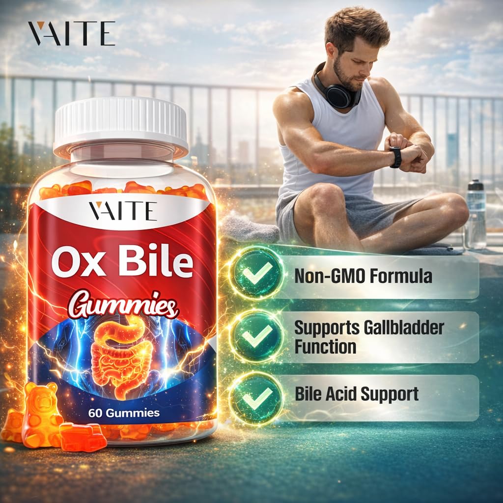 VAITE Ox Bile Gummies – 500mg Digestive Support for Gallbladder & Gut Health – Non-GMO, Sugar-Free Supplement – Helps Nutrient Absorption & Bile Flow – 60 Easy-to-Chew Bile Acid Chewables VAITE uk supplements