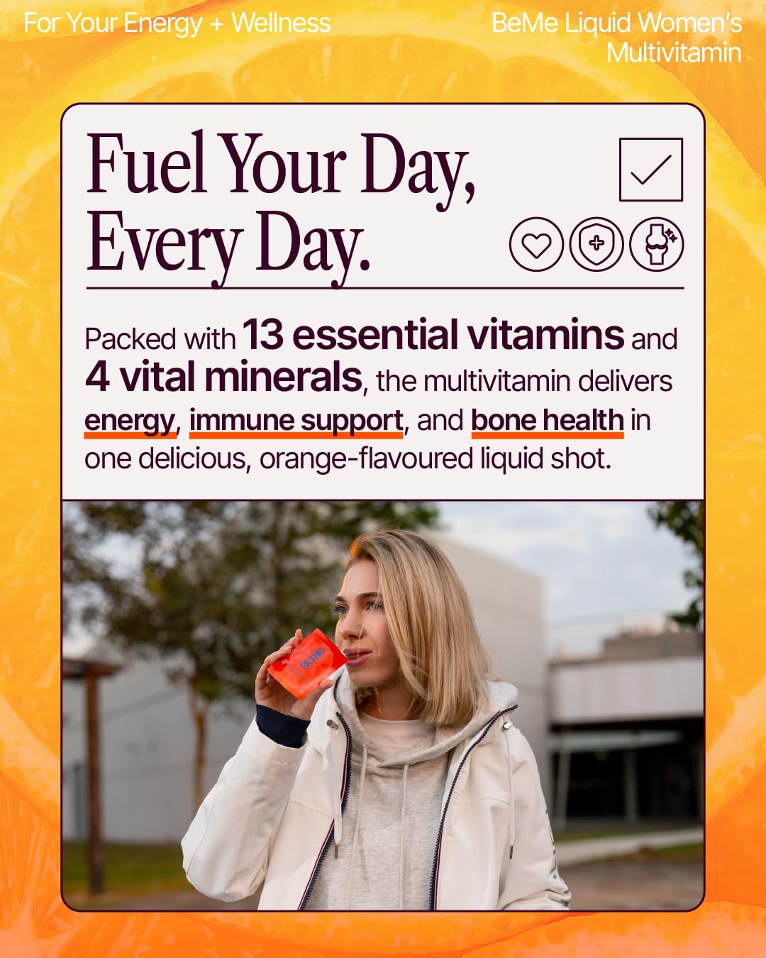 BeMe Liquid Multivitamins for Women - Advanced Liquid Delivery System with 13 Vitamins & Minerals - Tear & Go Sachets, Non-GMO, Orange Flavor (15 Sachets) BeMe uk supplements