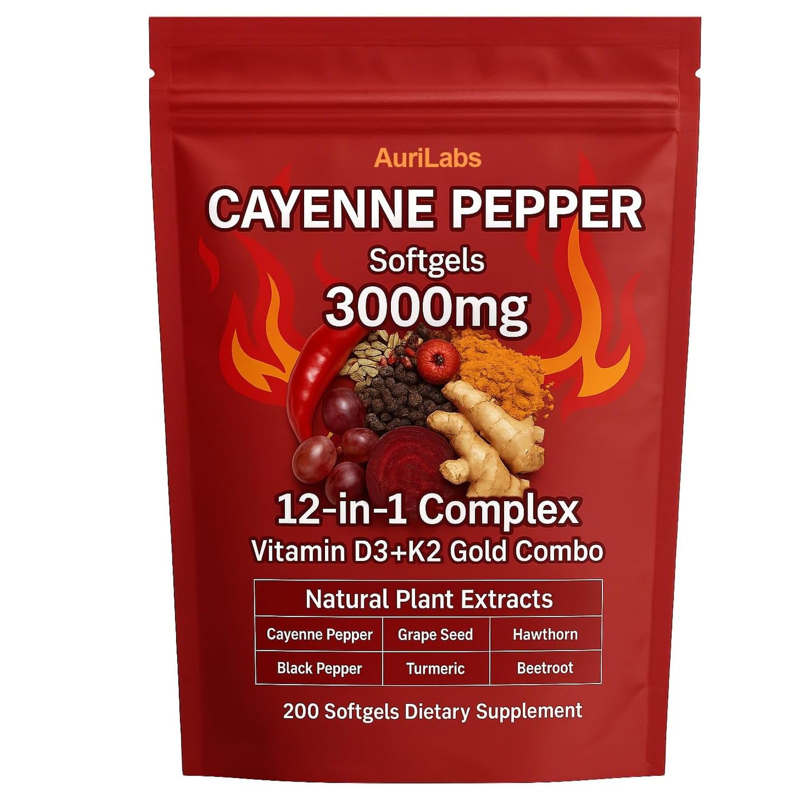 EILTEAU AuriLabs Cayenne Pepper Softgels Supplement, Supports Leg Vein, Heart and Blood Vessel Health, with Vitamin E D3+K2 and Extracts of Grape Seed, Hawthorn, Beetroot and Others (1) EILTEAU uk supplements