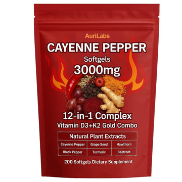 EILTEAU AuriLabs Cayenne Pepper Softgels Supplement, Supports Leg Vein, Heart and Blood Vessel Health, with Vitamin E D3+K2 and Extracts of Grape Seed, Hawthorn, Beetroot and Others (1) EILTEAU uk supplements