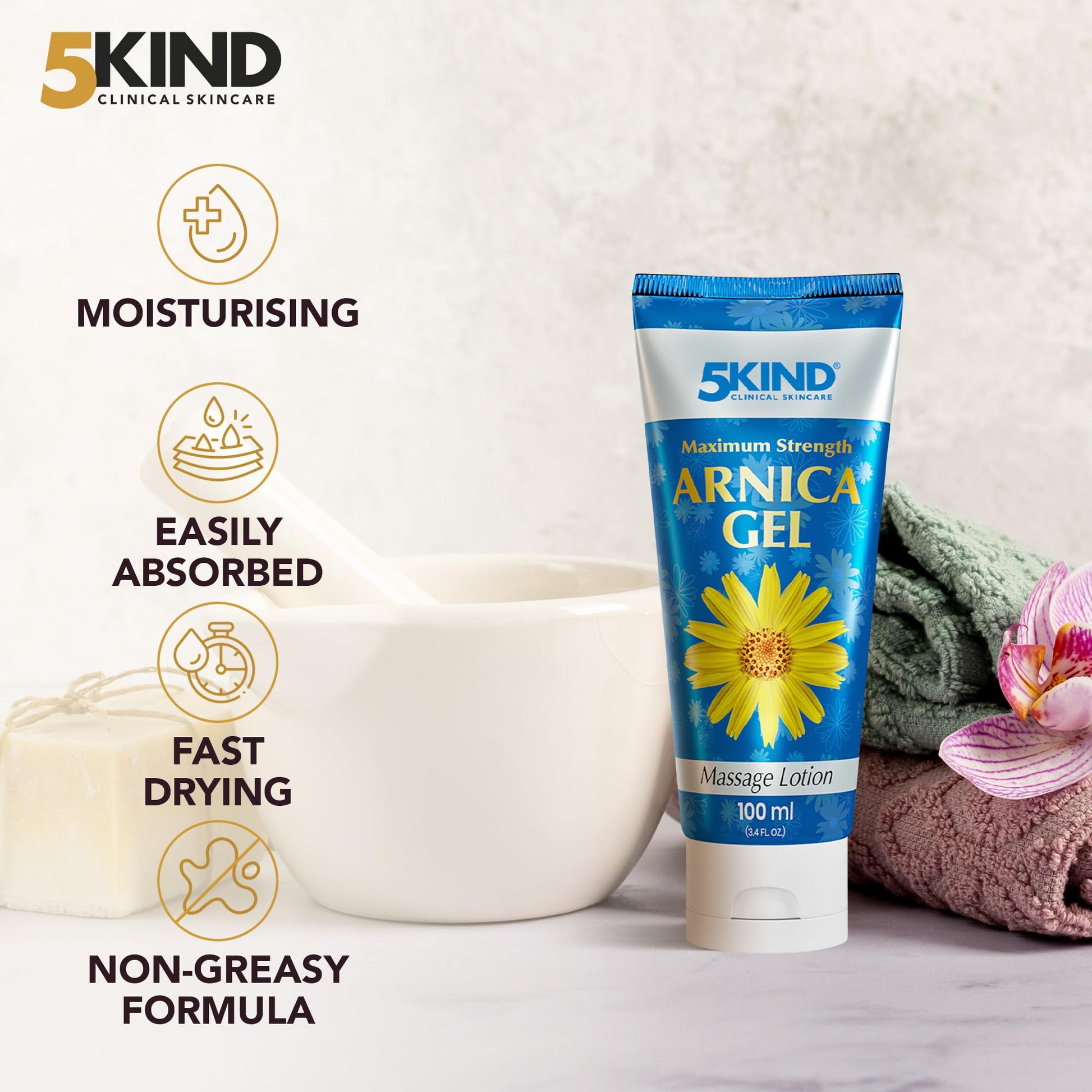 5kind Maximum Strength Arnica Bruise Gel 3.4 Fl Oz - Arnica Gel for Bruising and Swelling - Arnica Montana Gel with High Concentration Extract - Non-Greasy Formula 5kind clinical skincare uk supplements