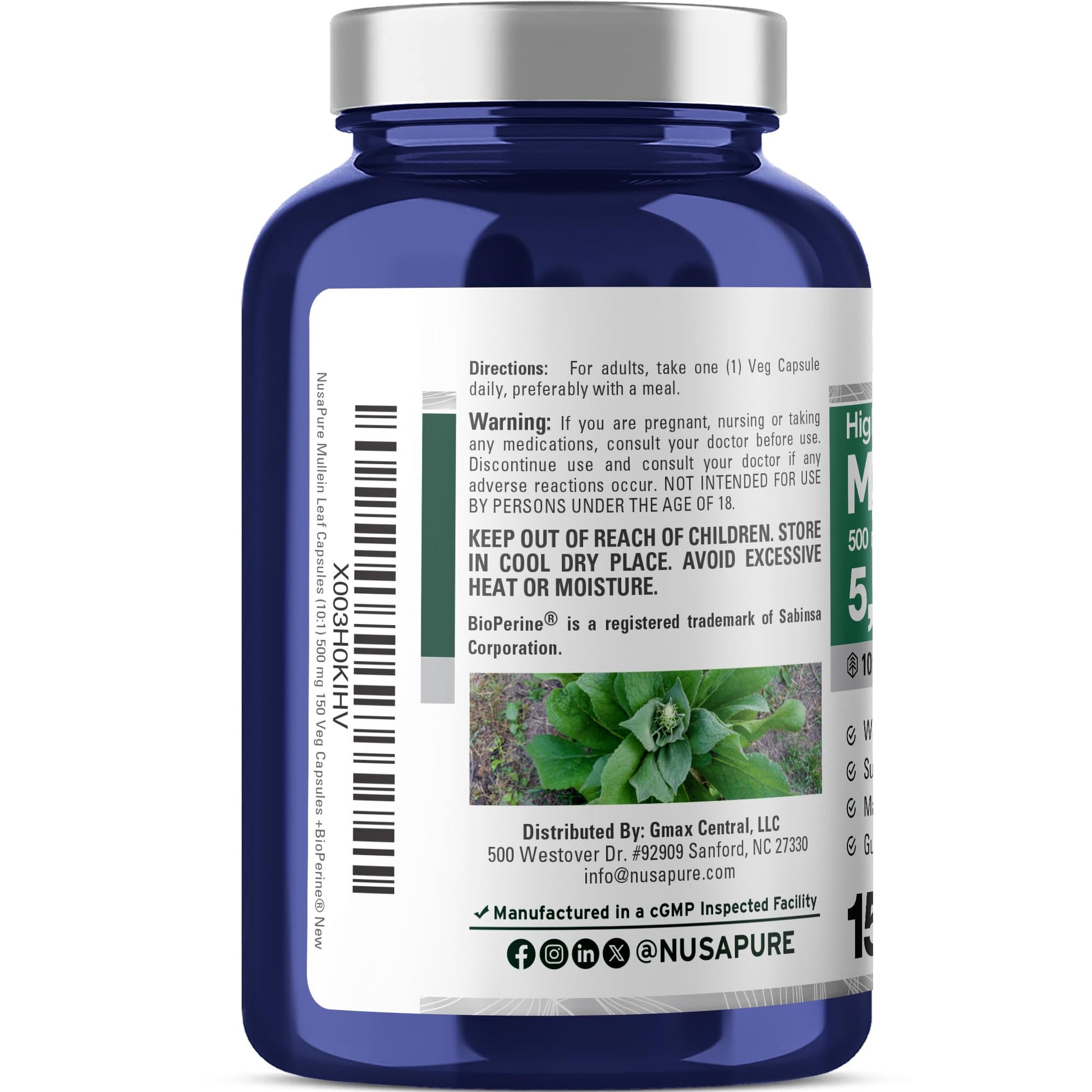 NusaPure Mullein Leaf Capsules 10:1 Extract, 500 mg Equivalent to 5,000 mg per Veggie Caps - 150 Count - Verbascum Thapsus (Non-GMO, Vegan) Dietary Supplement NusaPure uk supplements
