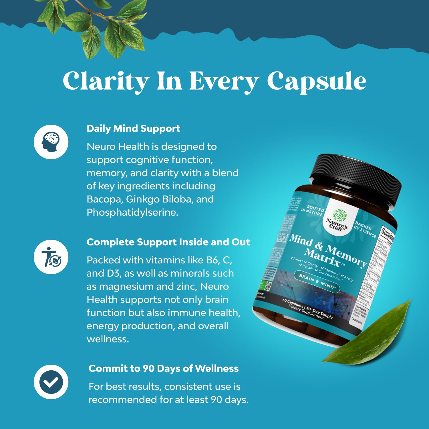 Nootropic Brain Supplement for Memory and Focus Enhancement - Vitamins for Mental Health & Clarity with VIT A, B6, Riboflavin, Niacin, Thiamin & Folate - Cognitive Complex for Mind Vitality - 60 Ct Natures Craft uk supplements