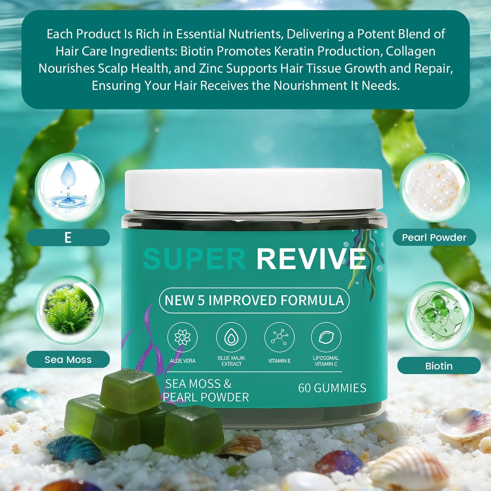 caicieter Super Revive Gummies for Hair Loss - Sea Moss Gummies with Vitamin C, E, Aloe Vera & Pearl Powder Glow, Promotes Thicker, Fuller & Stronger Hair - 60 Count caicieter uk supplements