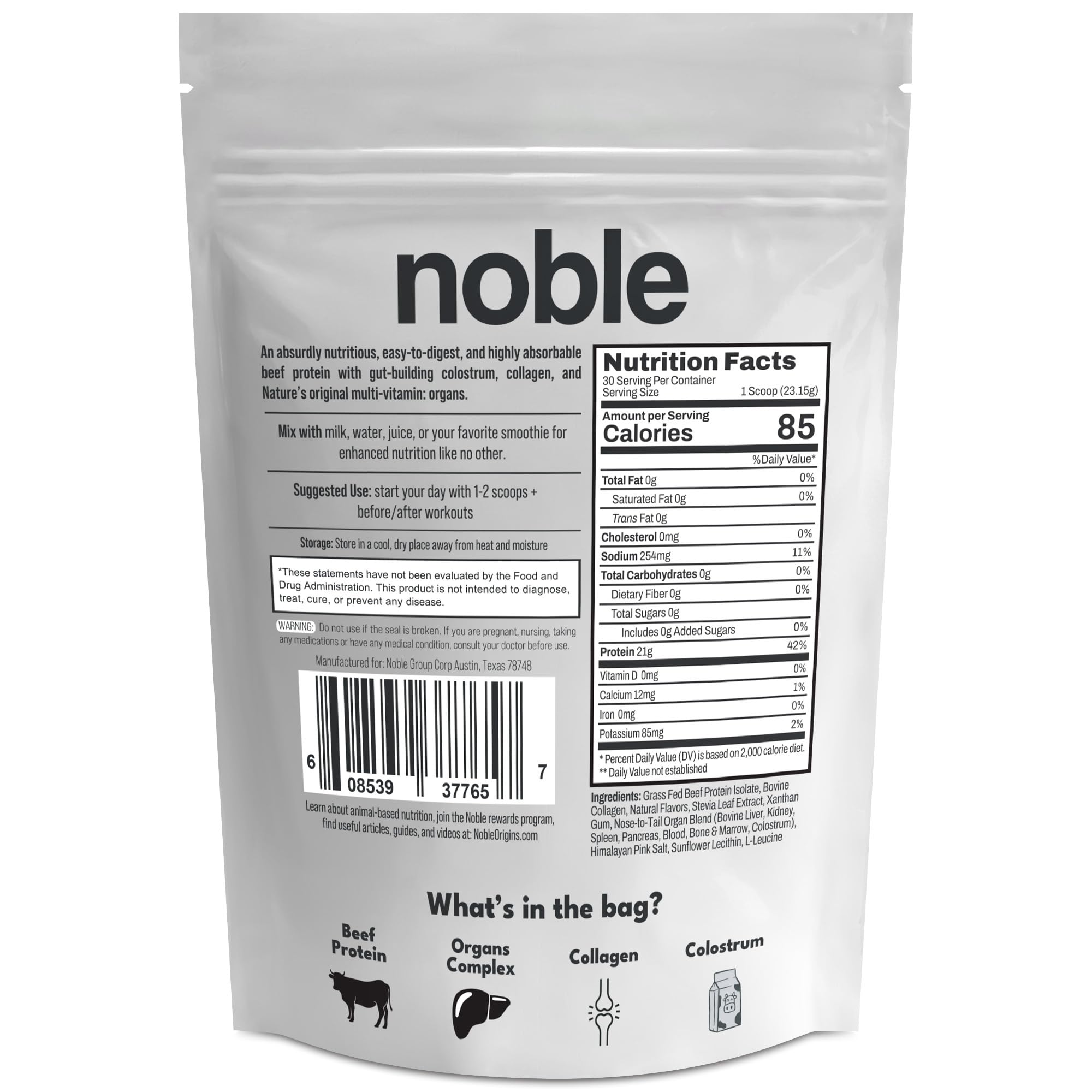Noble Grass Fed Beef Protein Powder | Beef Protein w/Collagen, Colostrum, Organ Blend | Carnivore, Keto Friendly | Whey, Gluten Free | Muscle, Gut Health, Skin, Joint Support | 30 Servings, Vanilla Noble Origins uk supplements