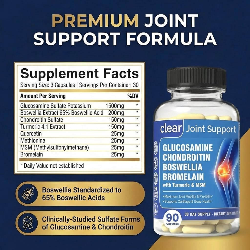 Clear Joint Support - 1500mg Glucosamine Chondroitin MSM - 8 in 1 Joint Health Supplement with Turmeric and Boswellia for Men & Women, Knee, Hip & Back Support, Made in USA, 90 Capsules Clear Probiotics uk supplements