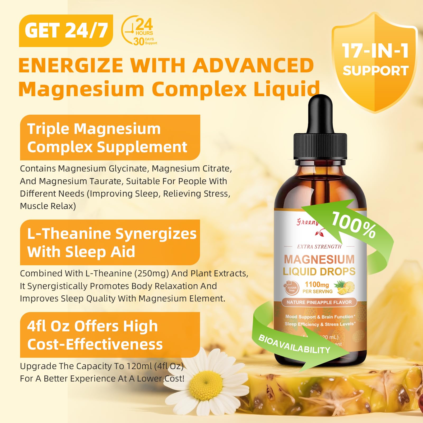 GREENPEOPLE Magnesium Glycinate Liquid Drop - 17-in-1 4Fl. Oz Triple Magnesium Complex Supplement with Glycinate 400mg & Citrate 500mg Taurate/L-Theanine for Calm Mood/Muscle/Sleep,Pineapple Flavor GREENPEOPLE uk supplements