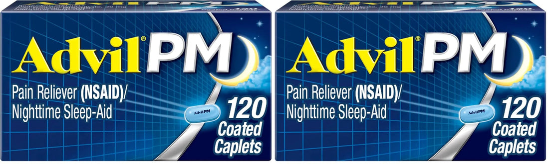 Advil PM Pain Reliever and Nighttime Sleep Aid, Pain Medicine with Ibuprofen for Pain Relief and Diphenhydramine Citrate for A Sleep Aid - 120 Coated Caplets (Pack of 2) Advil uk supplements