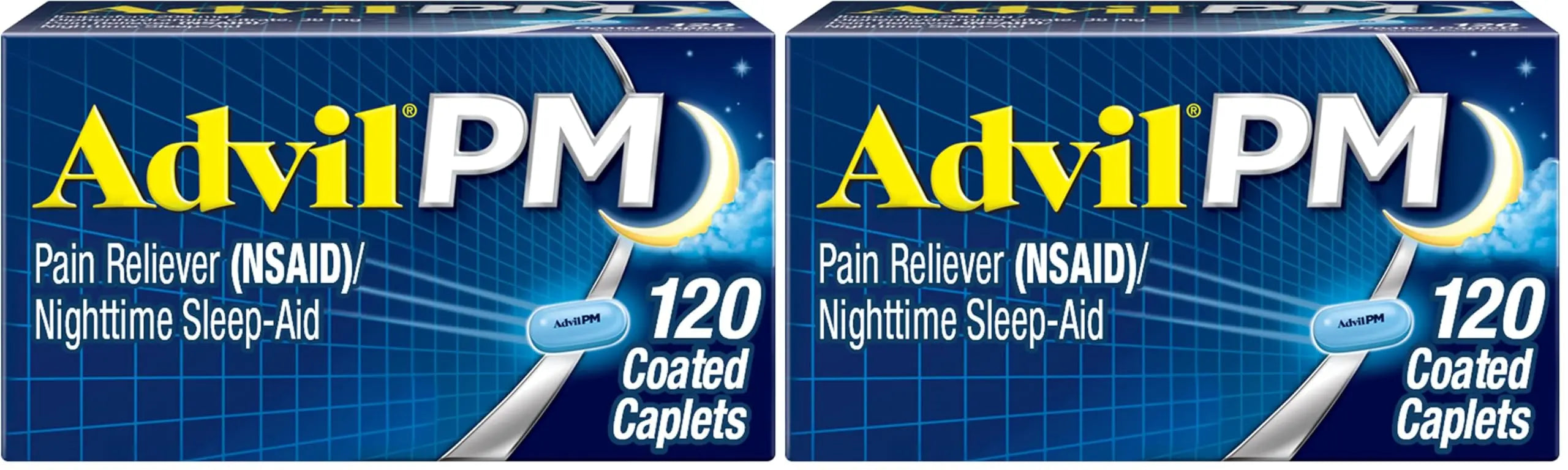 Advil PM Pain Reliever and Nighttime Sleep Aid, Pain Medicine with Ibuprofen for Pain Relief and Diphenhydramine Citrate for A Sleep Aid - 120 Coated Caplets (Pack of 2) Advil uk supplements