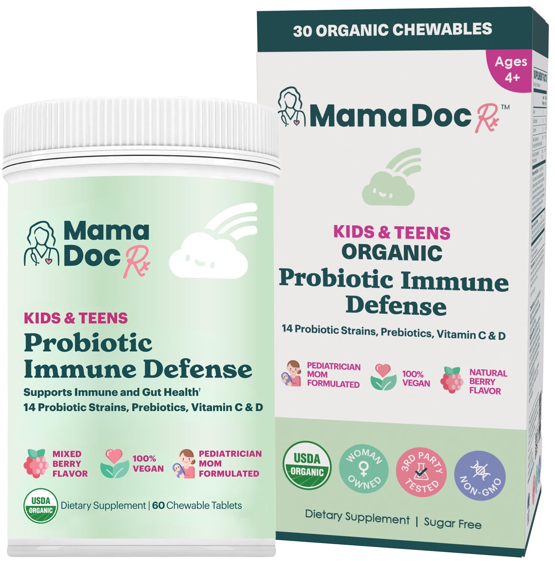 MamaDoc Rx Certified Organic Kids & Teens Probiotic Immune Defense - 5 Billion CFUs | Sugar Free, Vegan, Gluten-Free | 14 Probiotic Strains, Prebiotics, Vitamin C & D | 30 Chewable Tablets, Ages 4+ MamaDoc Rx uk supplements