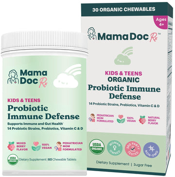 MamaDoc Rx Certified Organic Kids & Teens Probiotic Immune Defense - 5 Billion CFUs | Sugar Free, Vegan, Gluten-Free | 14 Probiotic Strains, Prebiotics, Vitamin C & D | 30 Chewable Tablets, Ages 4+ MamaDoc Rx uk supplements