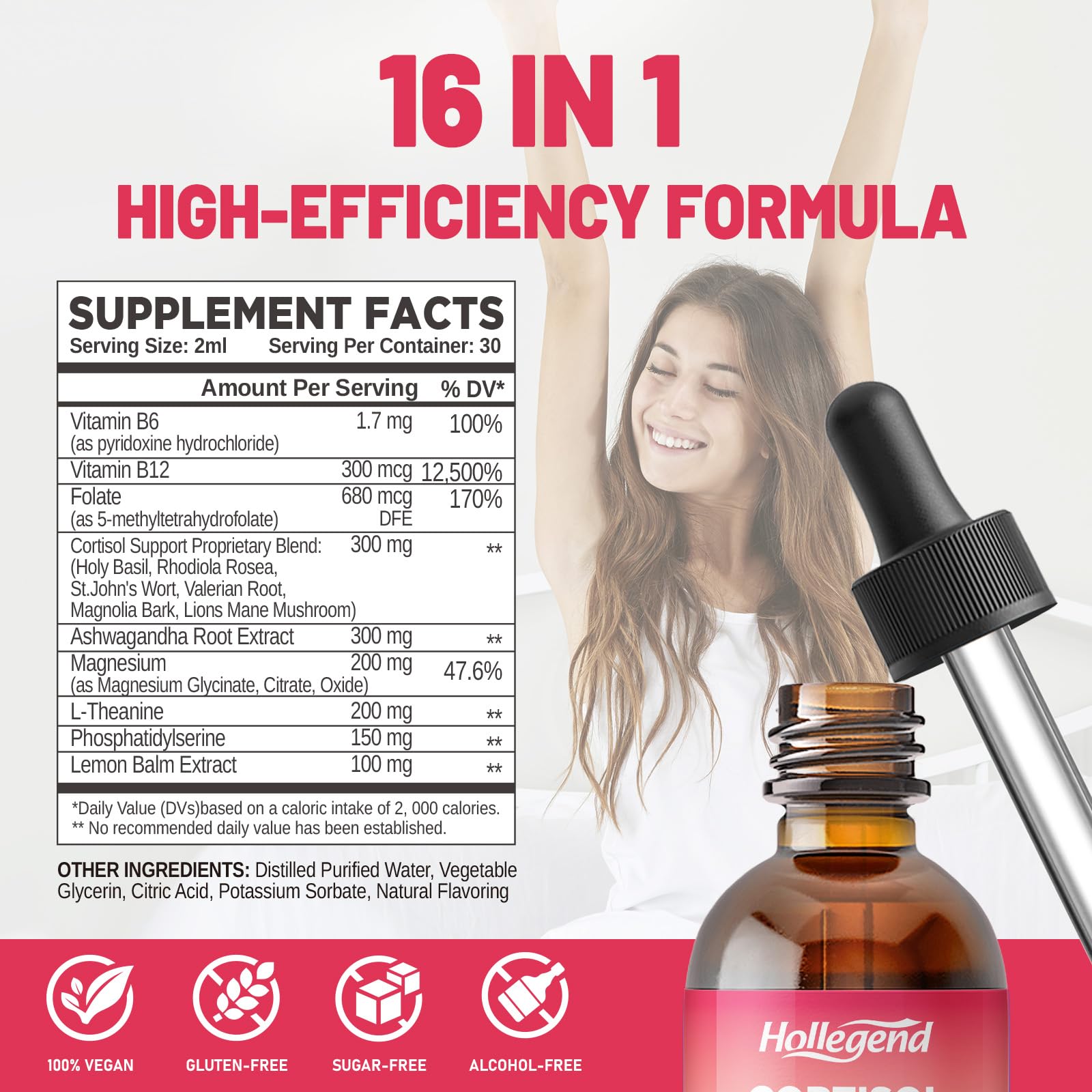 HOLLEGEND Cortisol Supplements for Women, Cortisol Wellness Liquid Drops, 16 in 1 Cortisol Detox Reducer w. Ashwagandha, Magnesium, L-Theanine, Folate for Relaxation & Hormone Balance, Strawberry HOLLEGEND uk supplements