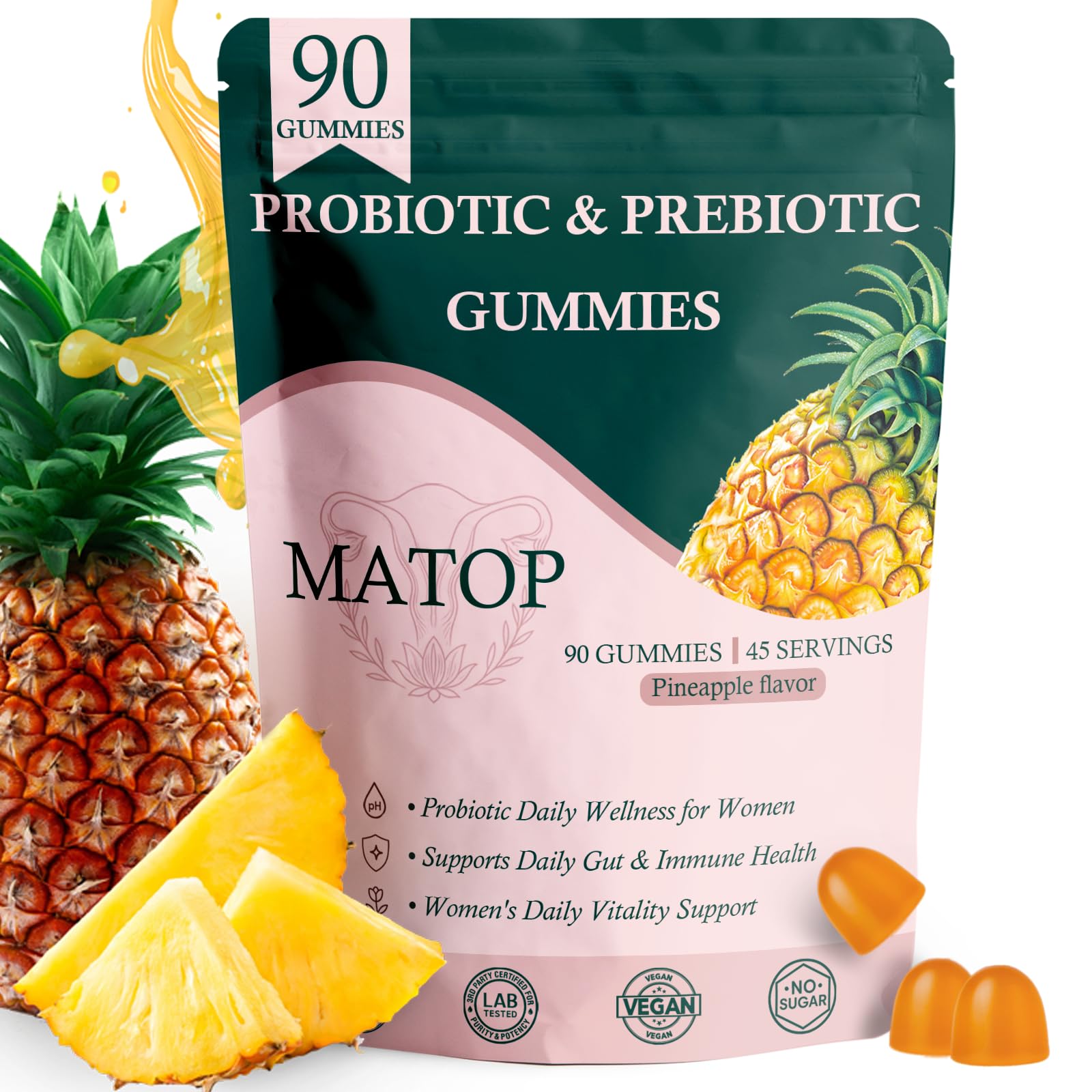 MATOP Probiotic Prebiotic pH Balance Gummies - Vaginal Health Gummies for Women Pro + Prebiotic with Pineapple Flavor, Vegan, Sugar-Free – 90 Gummies (45 Servings) MATOP uk supplements