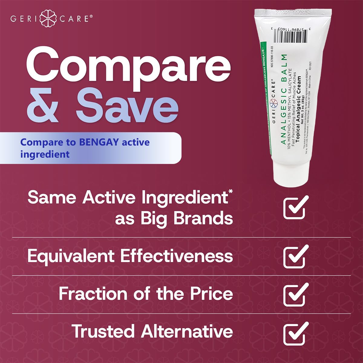 GeriCare Topical Analgesic Cream, Menthol 10%, Methyl Salicylate 15%, Fast Absorption, Pain Relief of Minor Muscle Aches, Body Stiffness, Joint Pain & Soreness, 3 Ounce (Pack of 1) GeriCare uk supplements