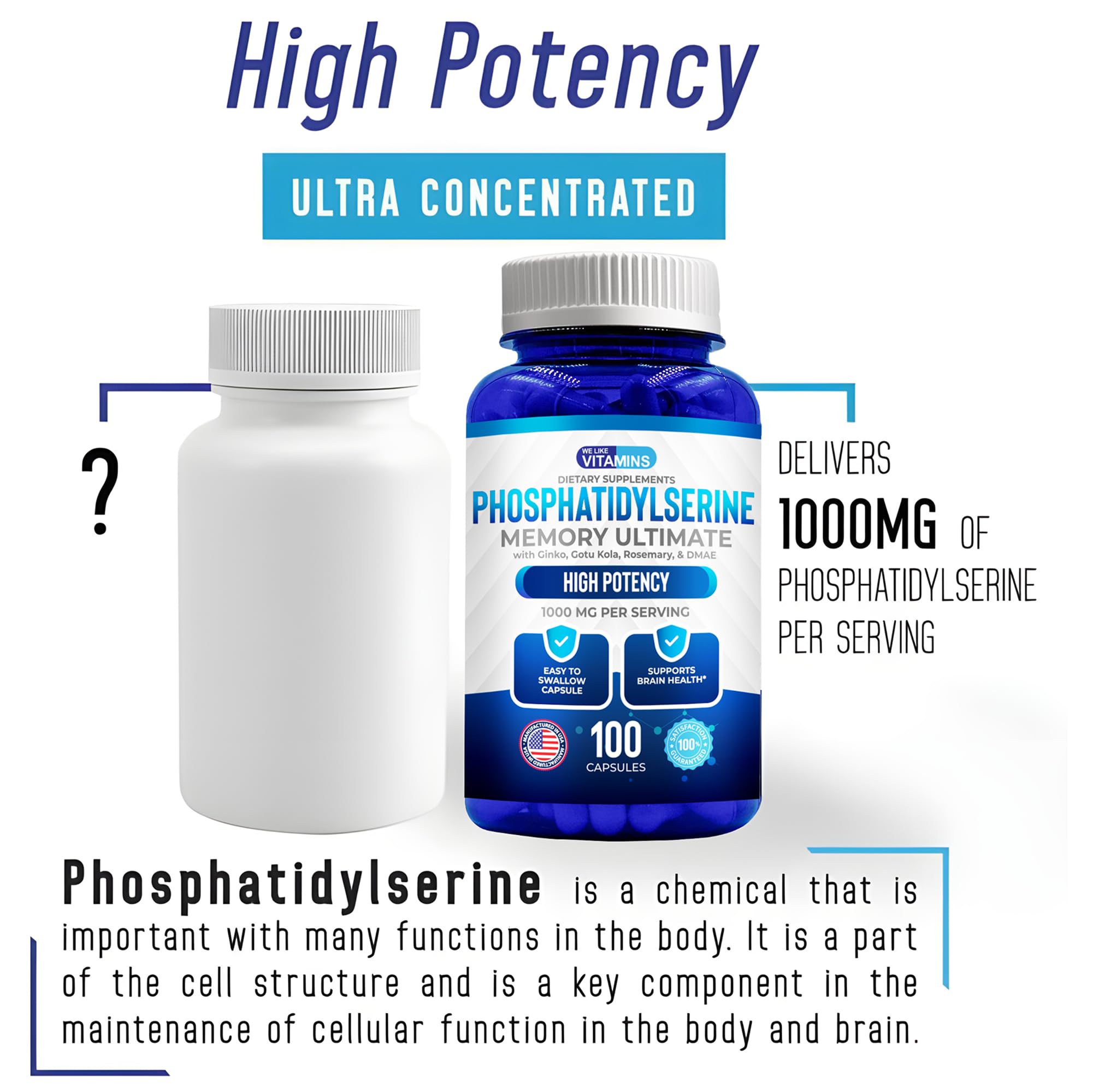 We Like Vitamins Phosphatidylserine Supplement with Gingko Biloba, Gotu Kola, DMAE - Improves Focus, Memory, Cognitive Function - Soy-Free 1000mg Memory Ultimate Complex - 100 Easy-to-Swallow Capsules We Like Vitamins uk supplements