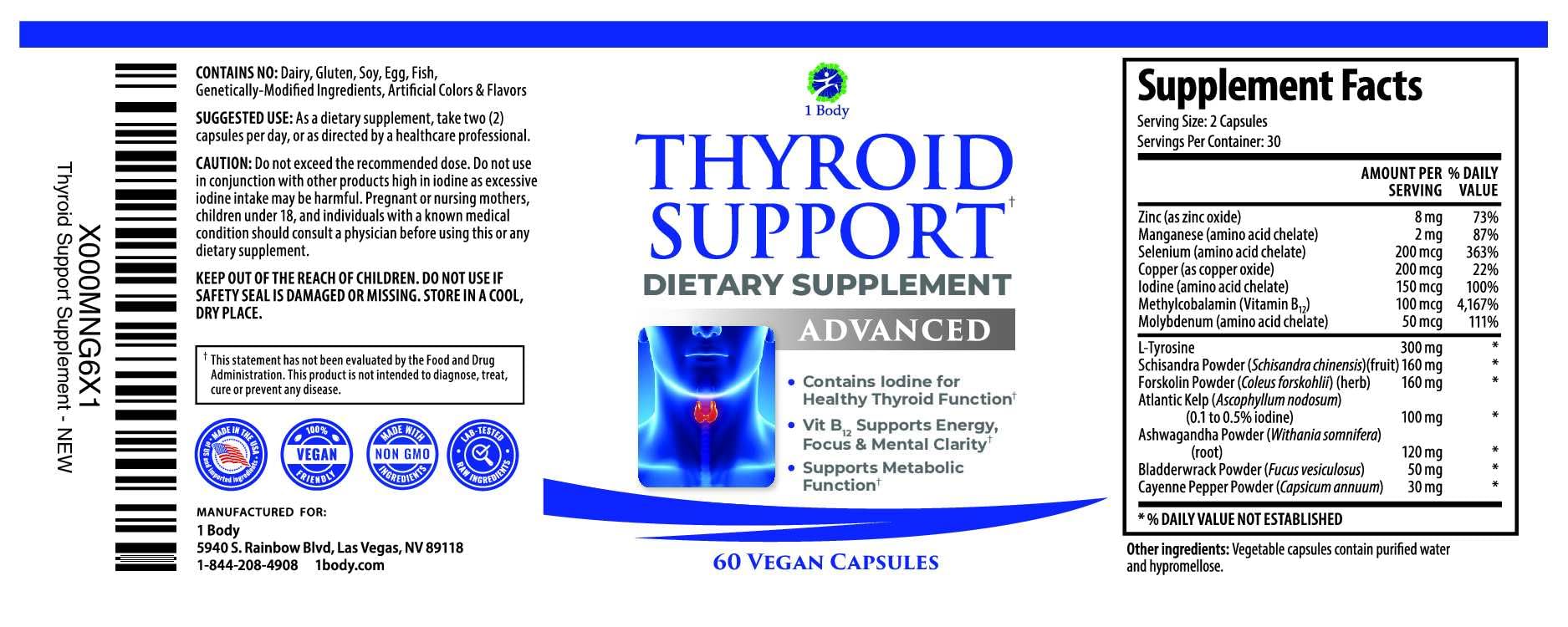 1 Body Thyroid Support Supplement for Women and Men, Selenium with Iodine, Zinc, B12, Ashwagandha and L-Tyrosine, Supports Hormone Health, Energy and Metabolism, 30 Day Supply 1 Body uk supplements