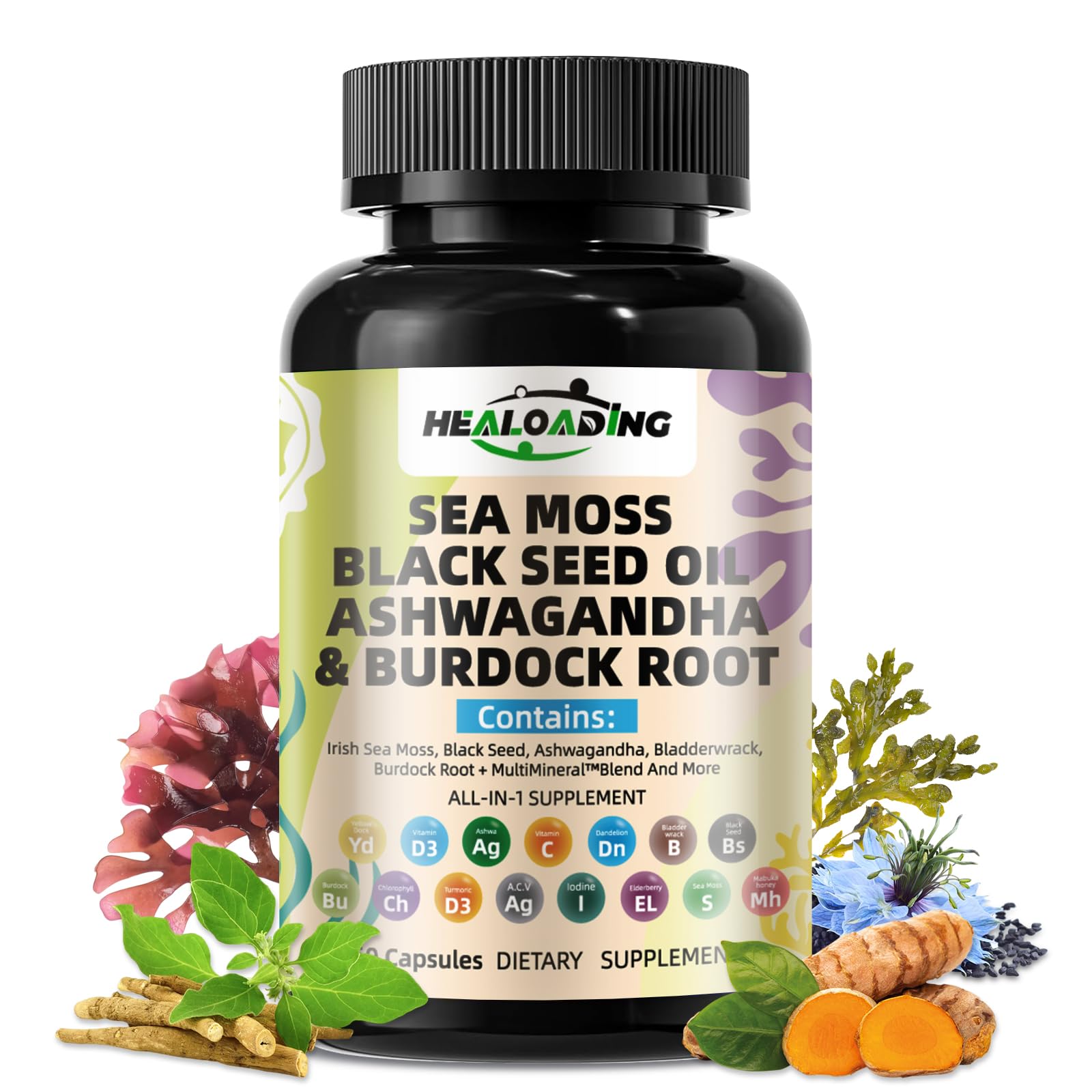 HEALOADING Sea Moss Capsules：Wildcrafted Organic Irish Seamoss & Bladderwack - Rich in Minerals, Supports Thyroid Health, Digestion, Skin & Immune System - Vegan, Non-GMO HEALOADING uk supplements