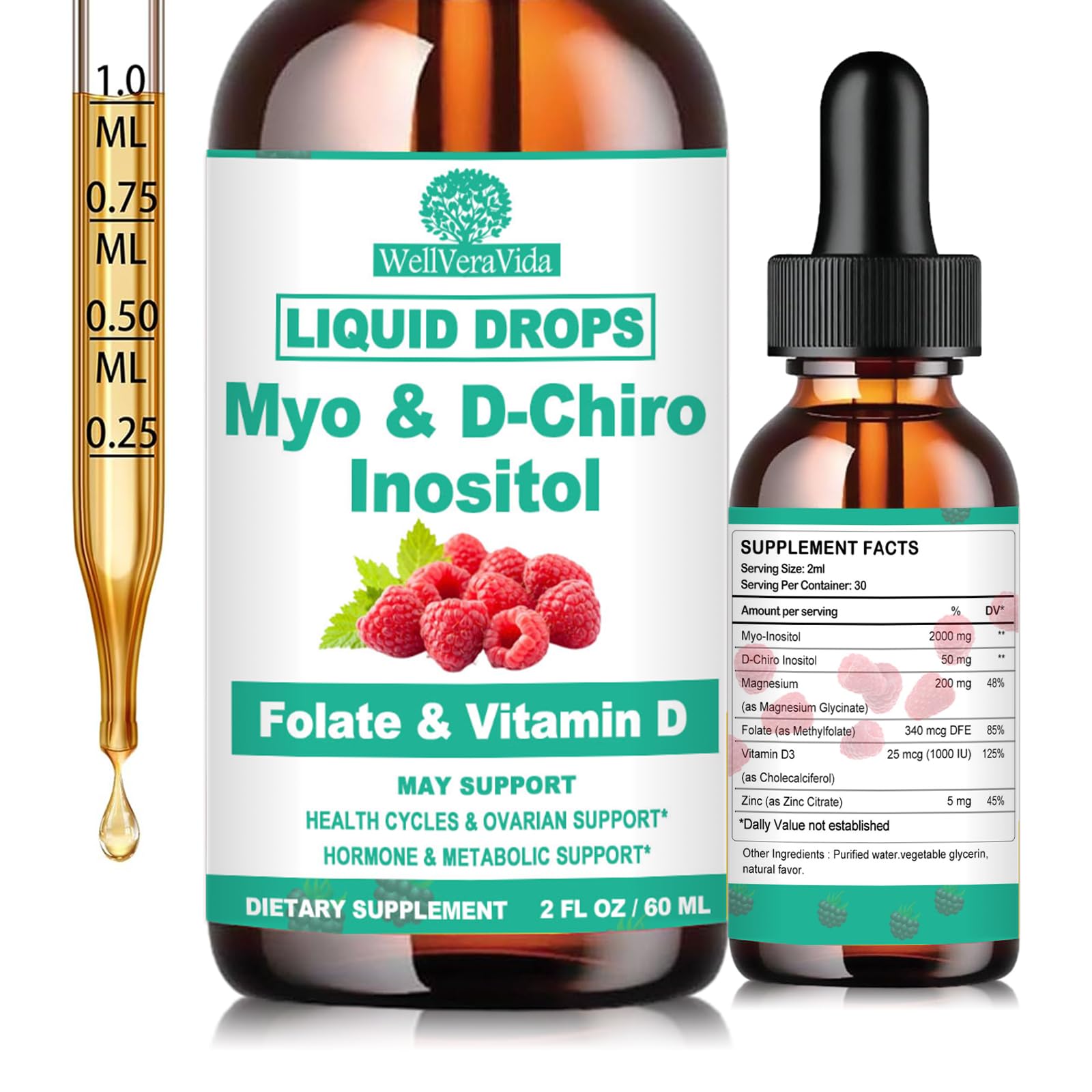 Myo Inositol & D-Chiro Inositol Supplement Liquid for Women- Ideal 40:1 Ratio Inositol Drops with MTHF Folate, Magnesium, Vitamin D, Supports Hormone Balance, Regular Cycles & Ovarian Health丨Vegan WellVeraVida uk supplements