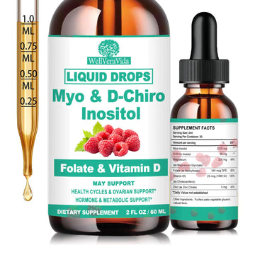 Myo Inositol & D-Chiro Inositol Supplement Liquid for Women- Ideal 40:1 Ratio Inositol Drops with MTHF Folate, Magnesium, Vitamin D, Supports Hormone Balance, Regular Cycles & Ovarian Health丨Vegan WellVeraVida uk supplements